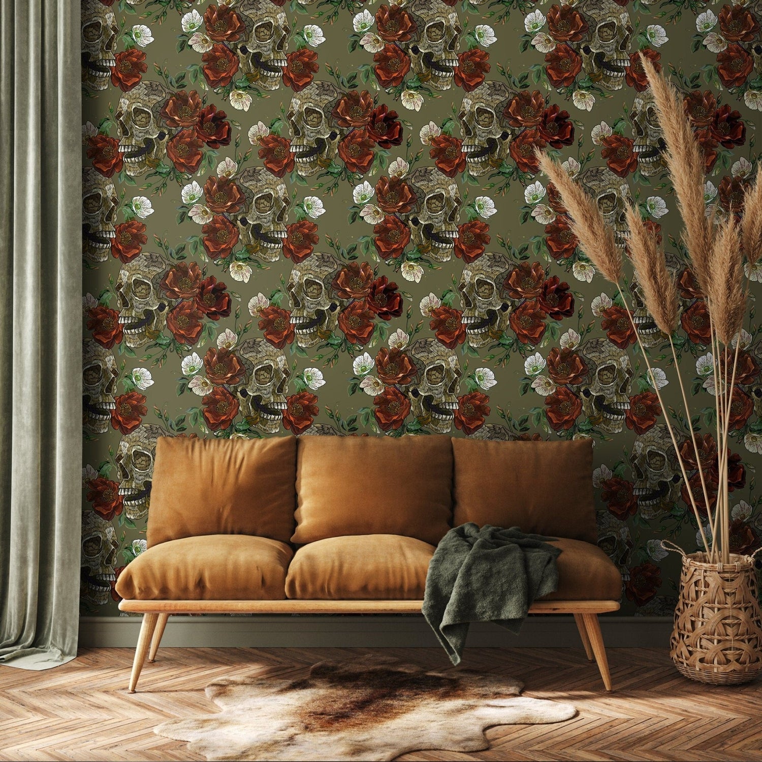 Floral and Skulls Wallpaper Maximalist Wallpaper Peel and Stick and Traditional Wallpaper - D904 - WallTrend