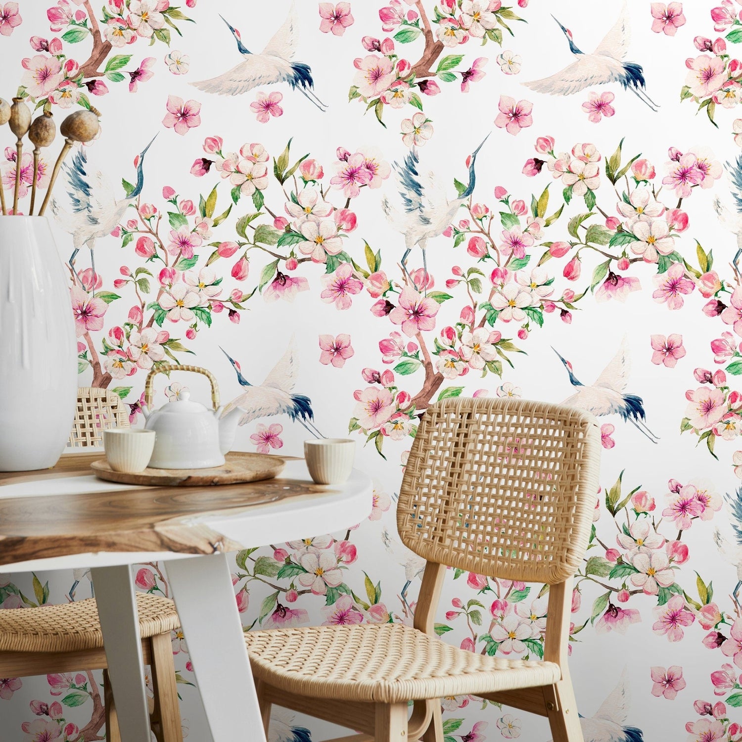 Floral Crane Dance Wallpaper - A219 - WallTrend