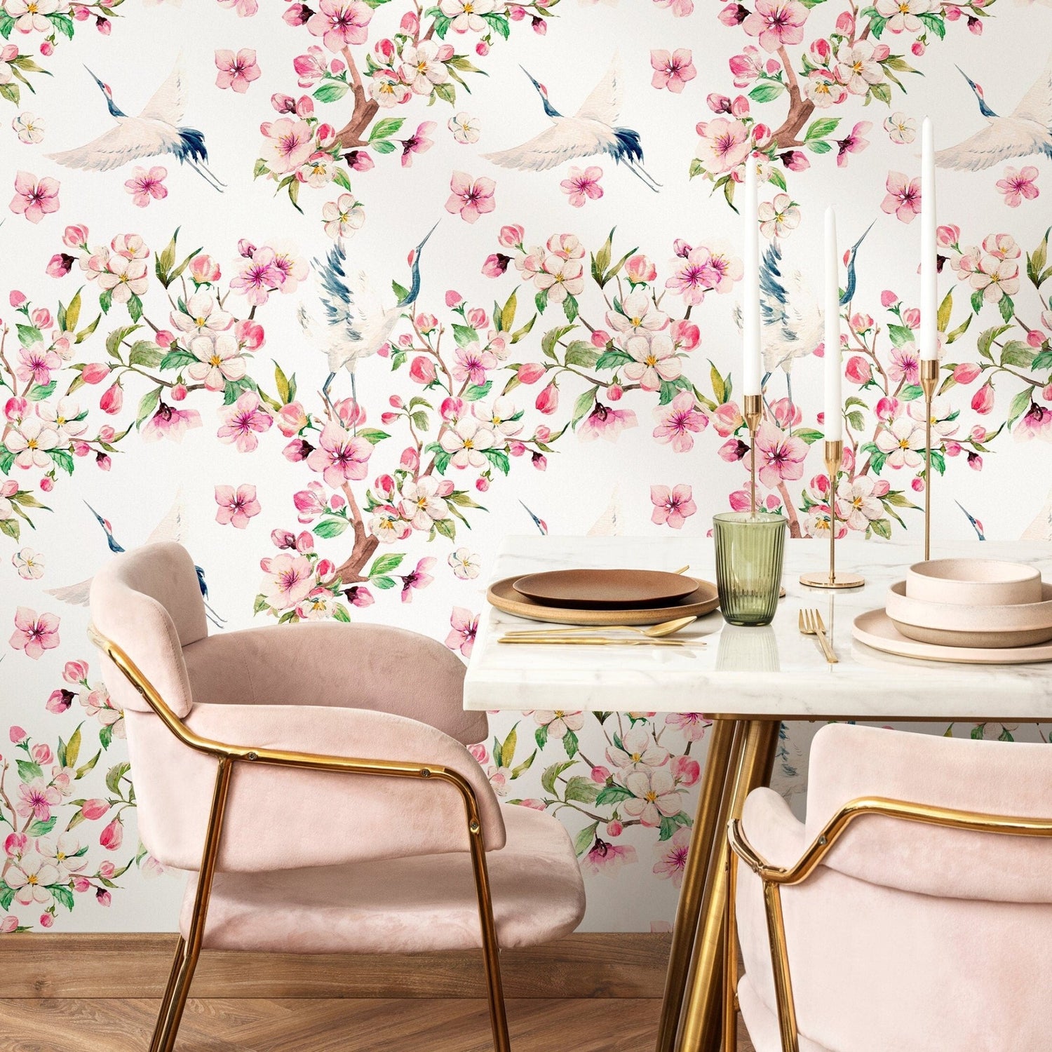 Floral Crane Dance Wallpaper - A219 - WallTrend