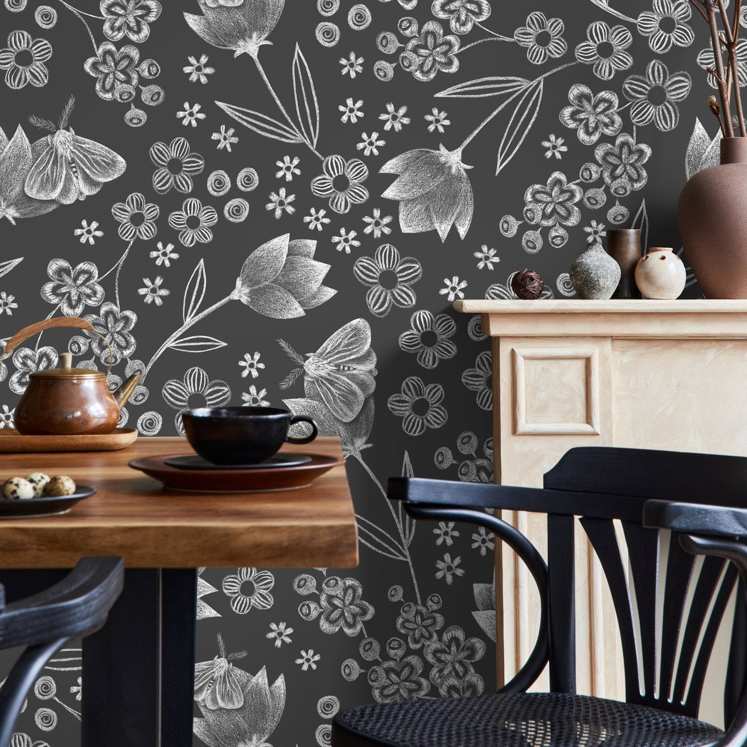 Floral Graphite Illustration Wallpaper - X086 - WallTrend