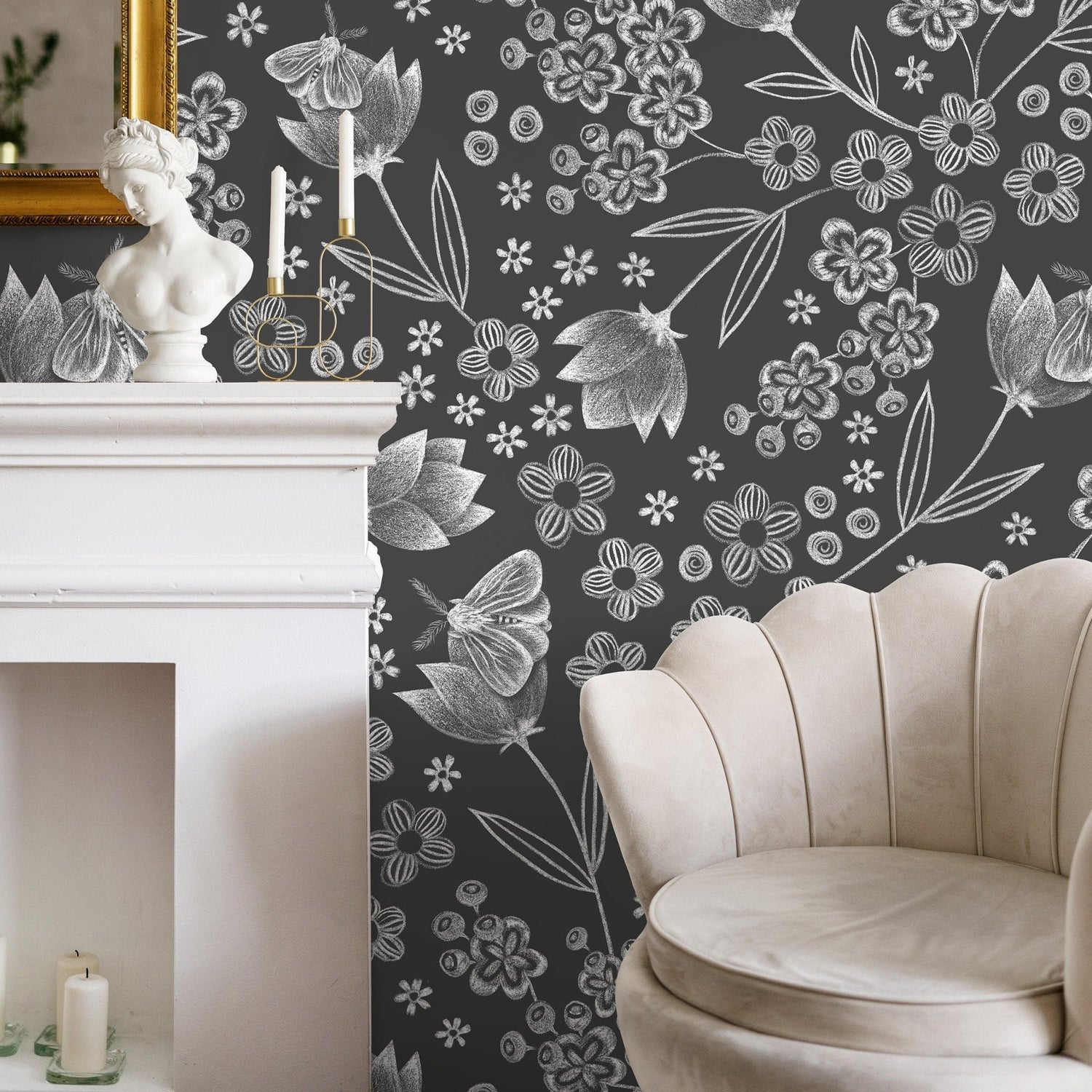 Floral Graphite Illustration Wallpaper - X086 - WallTrend