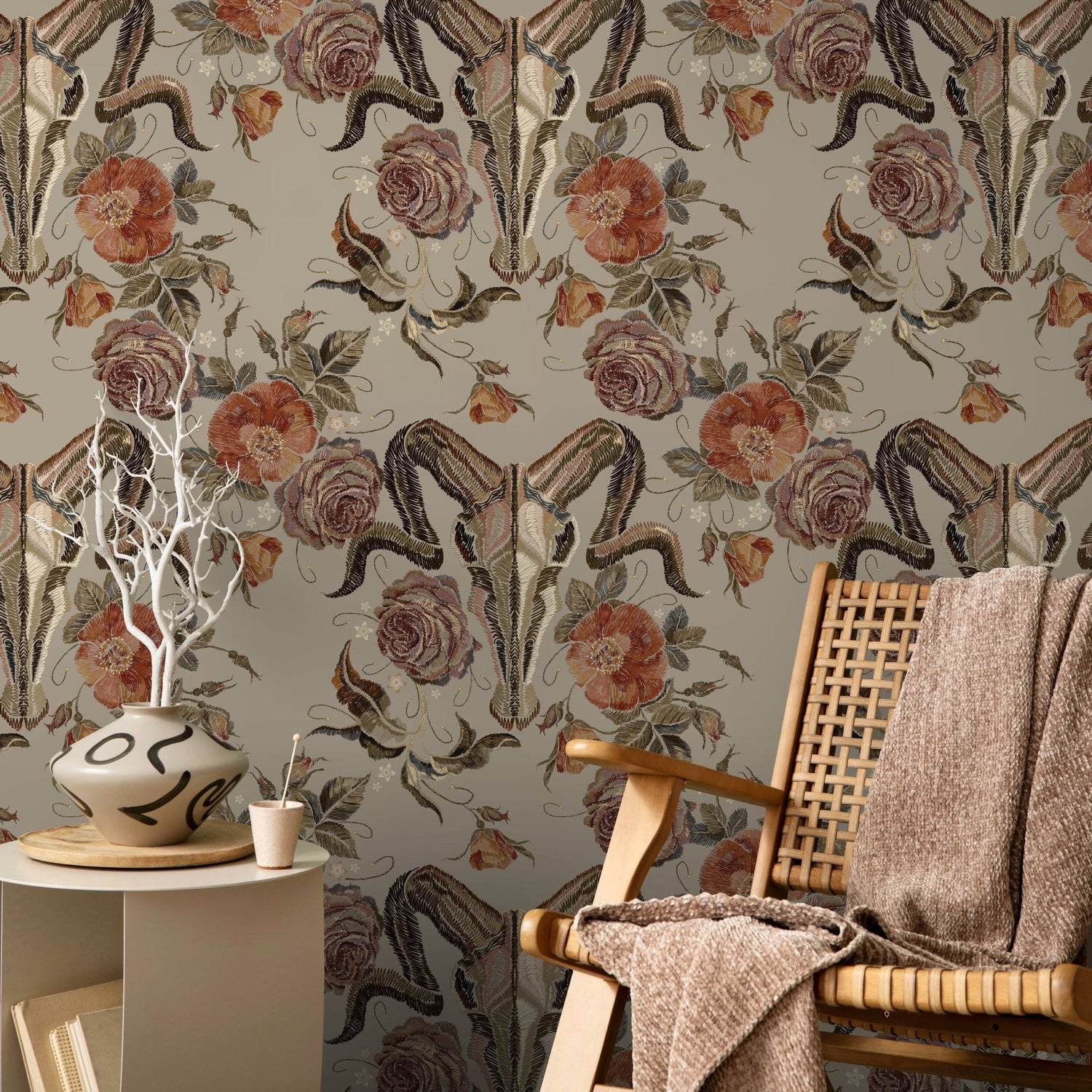 Goat Skull Wallpaper Vintage Floral Wallpaper Peel and Stick and Traditional Wallpaper - D887 - WallTrend