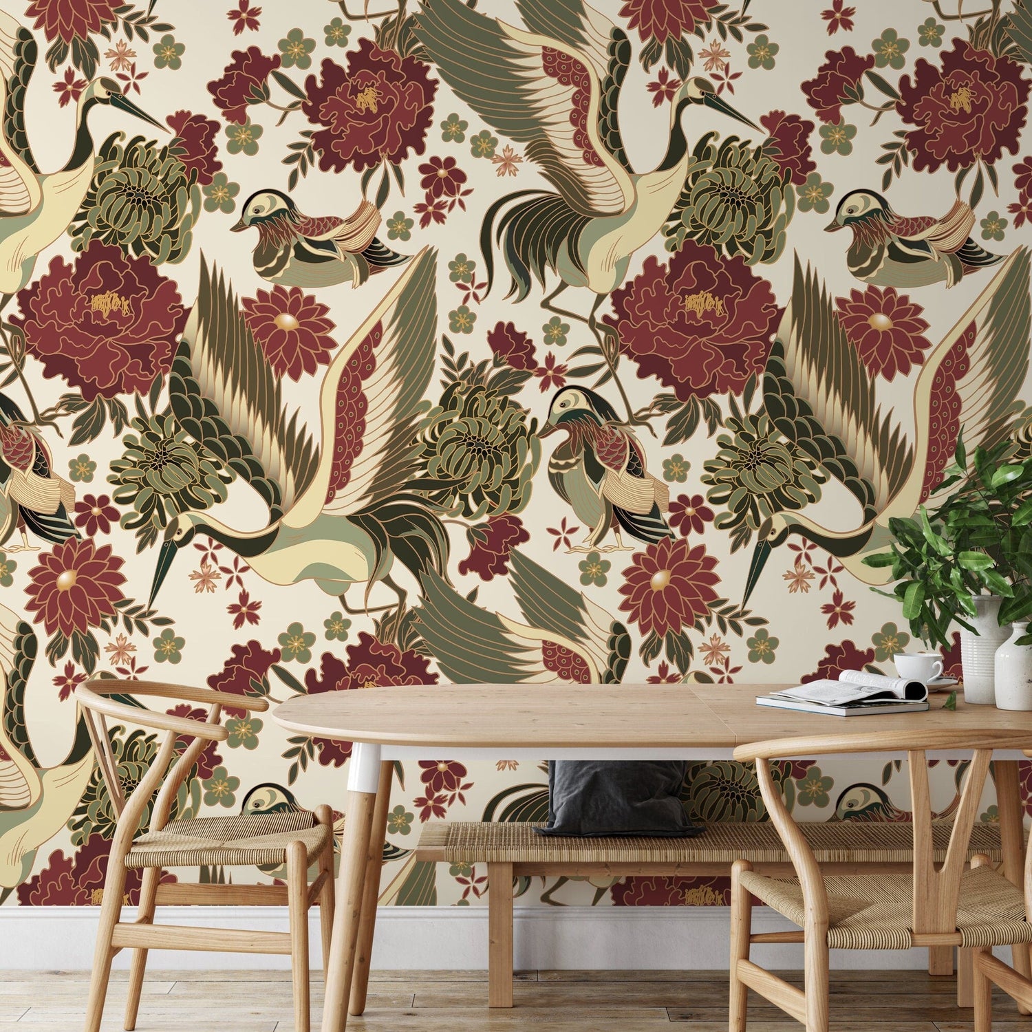 Graceful Cranes and Florals Wallpaper - D247 - WallTrend