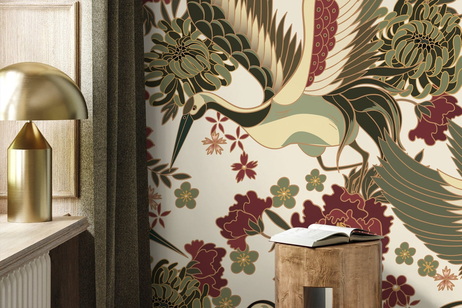 Graceful Cranes and Florals Wallpaper - D247 - WallTrend