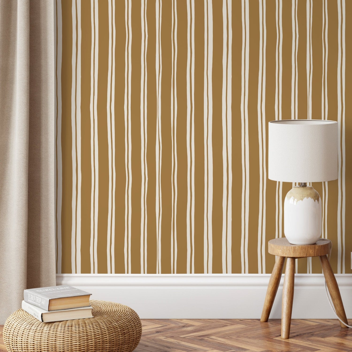 Mustard Lines Wallpaper Striped Wallpaper Peel and Stick and Traditional Wallpaper - D767 - WallTrend