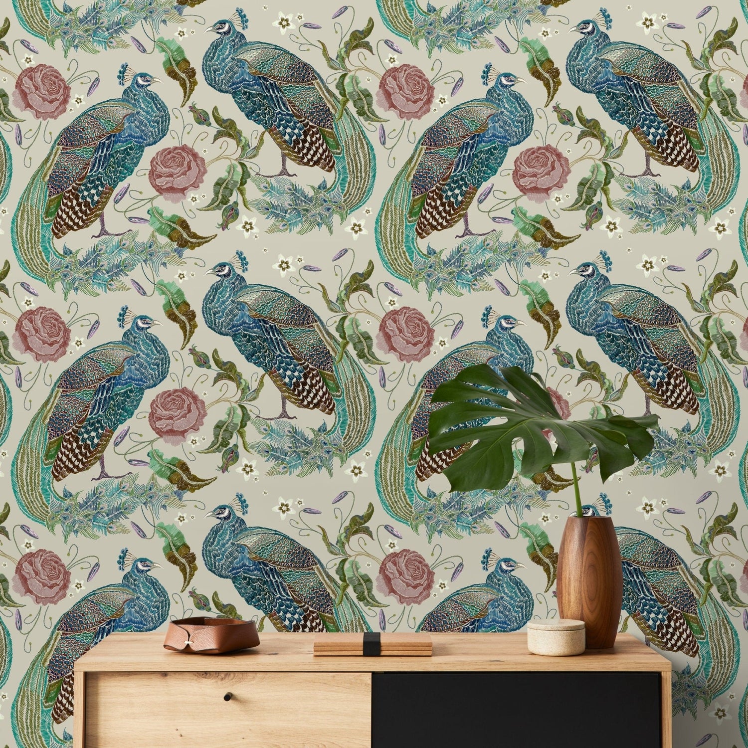 Peacock Wallpaper Vintage Floral Wallpaper Peel and Stick and Traditional Wallpaper - D883 - WallTrend