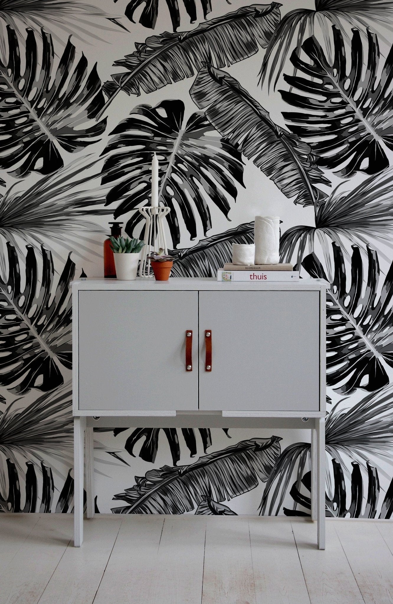 Tropical Monochrome Leaves Wallpaper - B118 - WallTrend