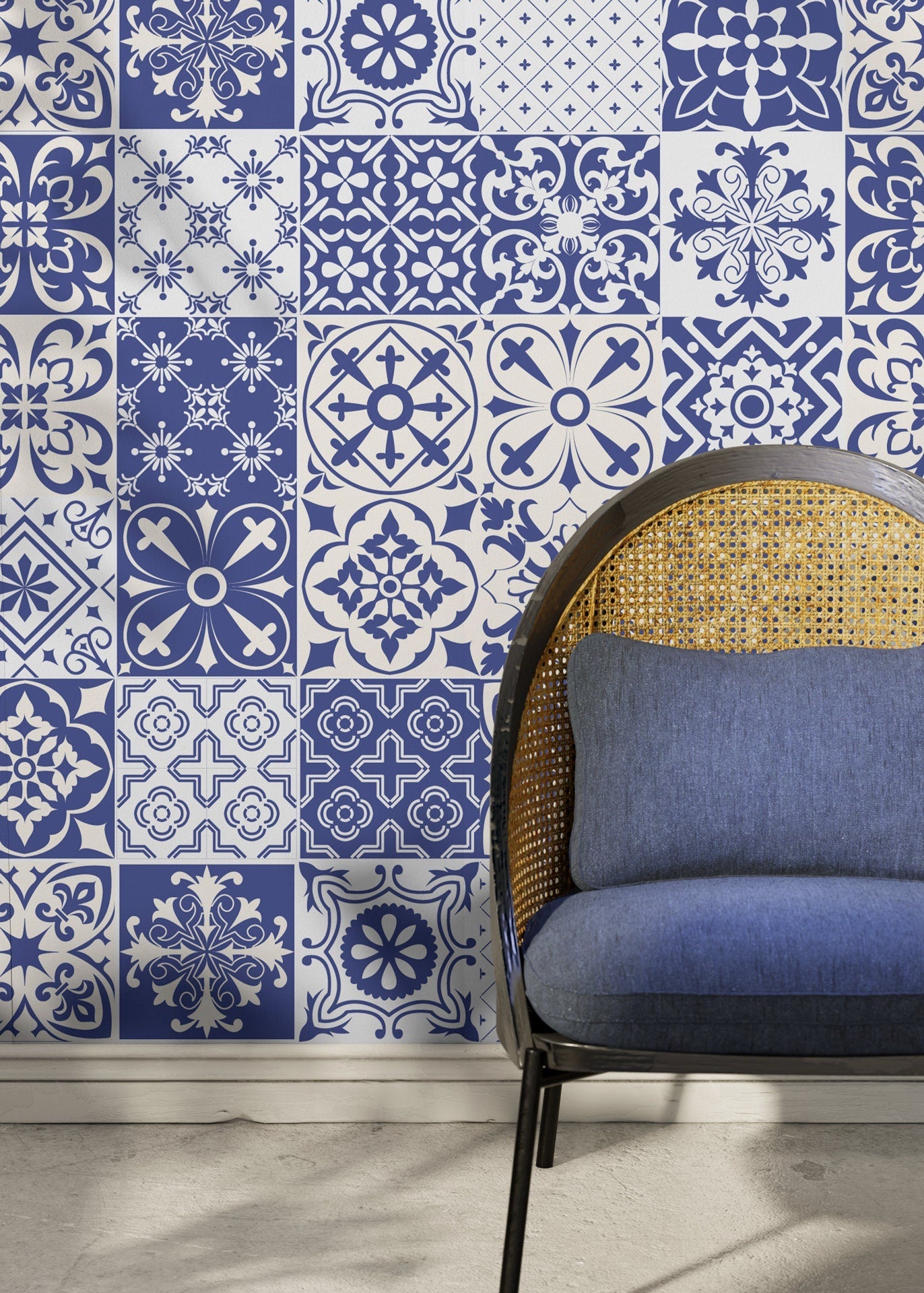 Vintage Blue Tile Wallpaper - B801 - WallTrend