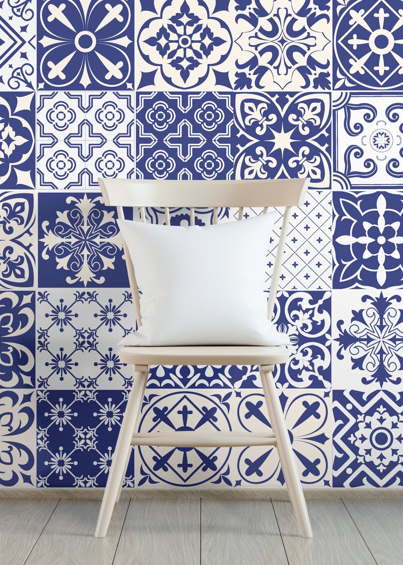 Vintage Blue Tile Wallpaper - B801 - WallTrend