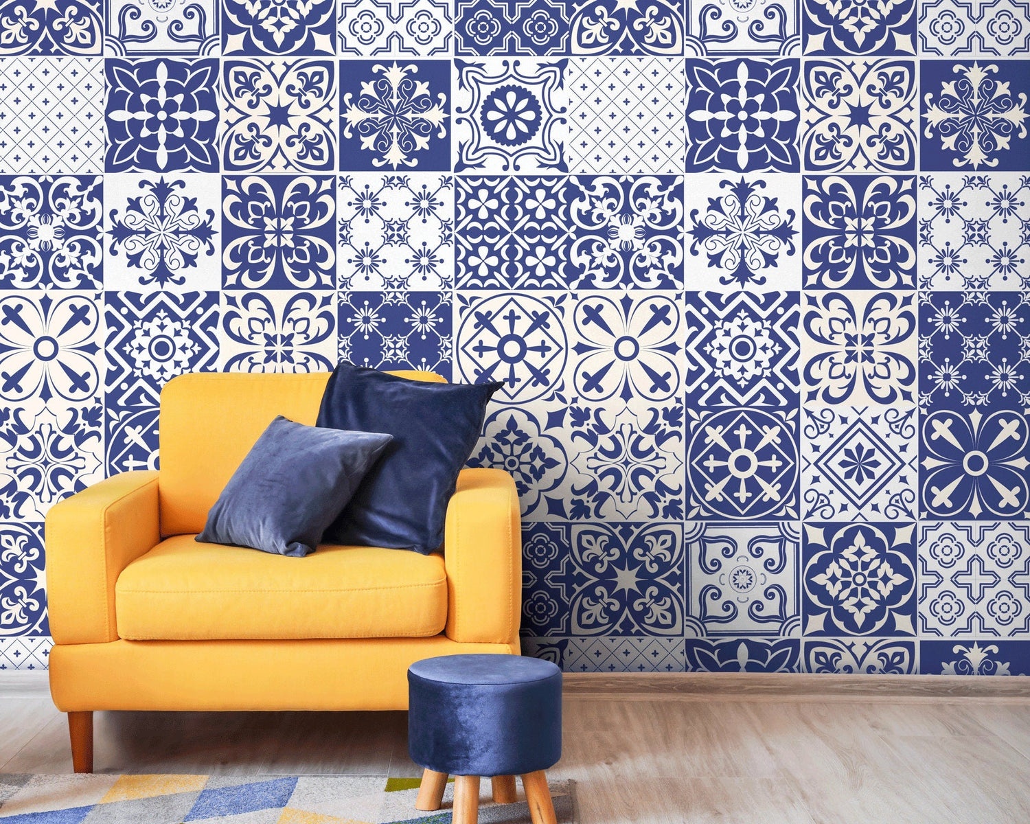 Vintage Blue Tile Wallpaper - B801 - WallTrend