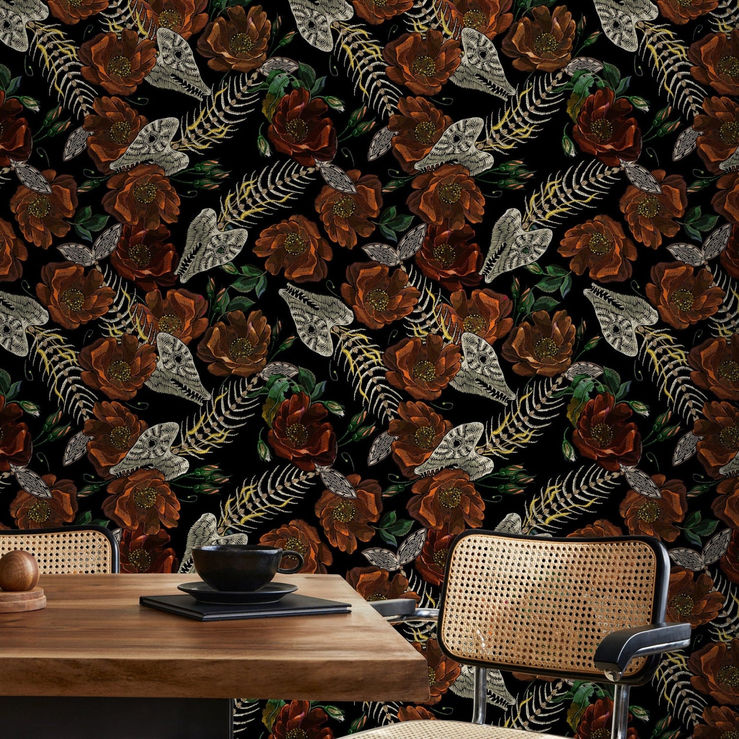 Vintage Floral Wallpaper Fish Skeleton Wallpaper Peel and Stick and Traditional Wallpaper - D913 - WallTrend