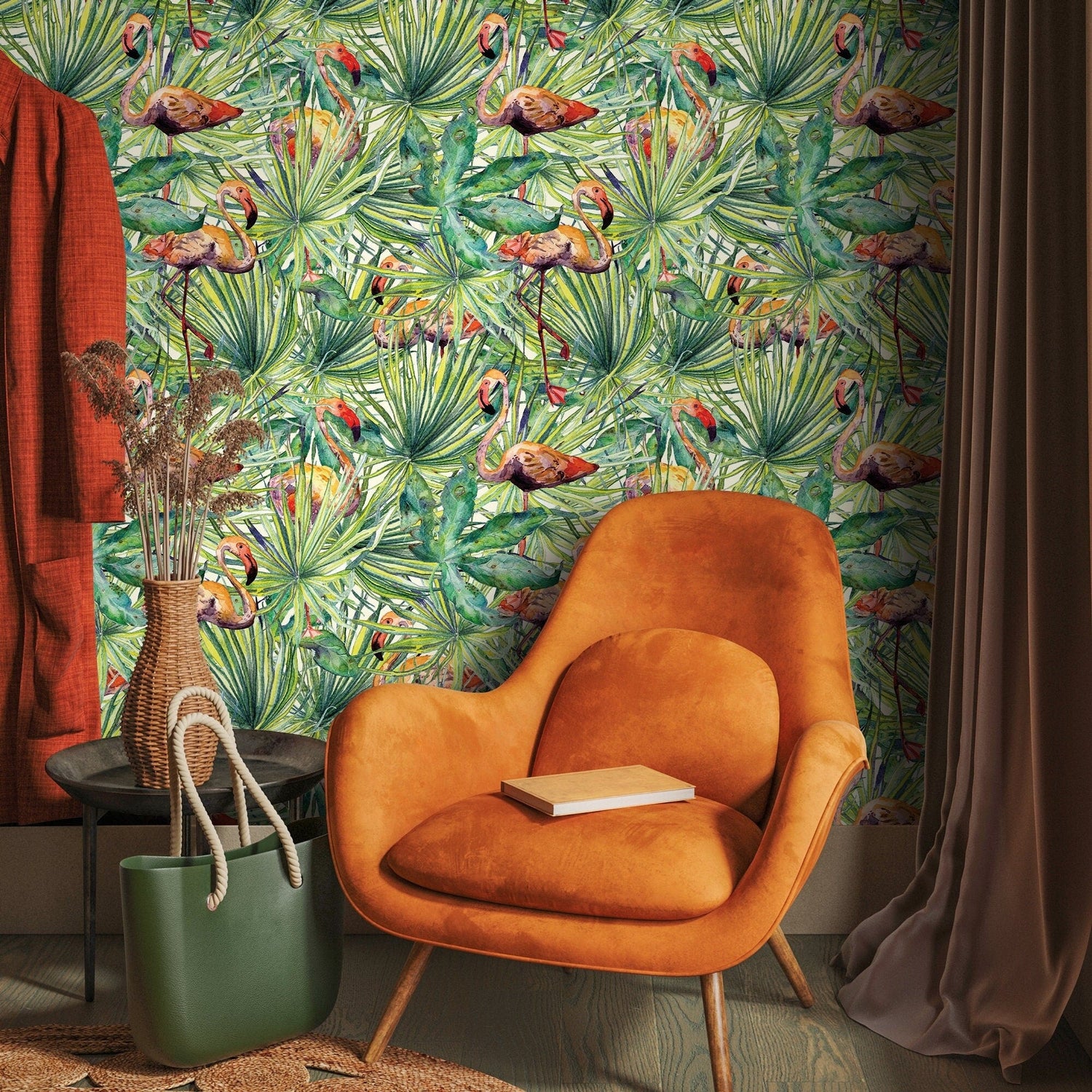 Wallpaper Peel and Stick Wallpaper Removable Wallpaper Home Decor Room Decor / Tropical Jungle Leaf Flamingo Wallpaper - A747 - WallTrend