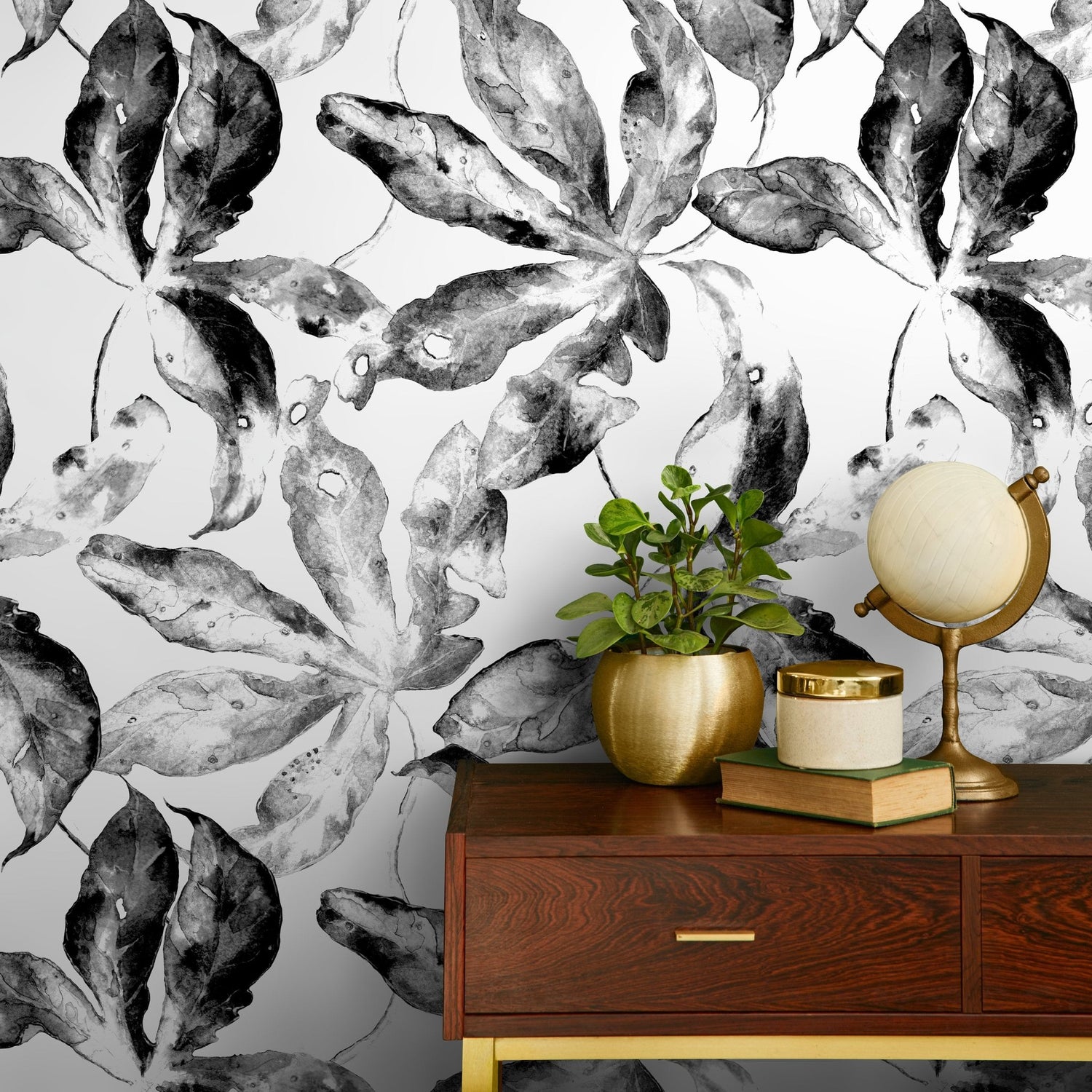 Wallpaper Peel and Stick Wallpaper Removable Wallpaper Home Decor Wall Art Wall Decor Room Decor / Black and White Leaves Wallpaper - D958 - WallTrend
