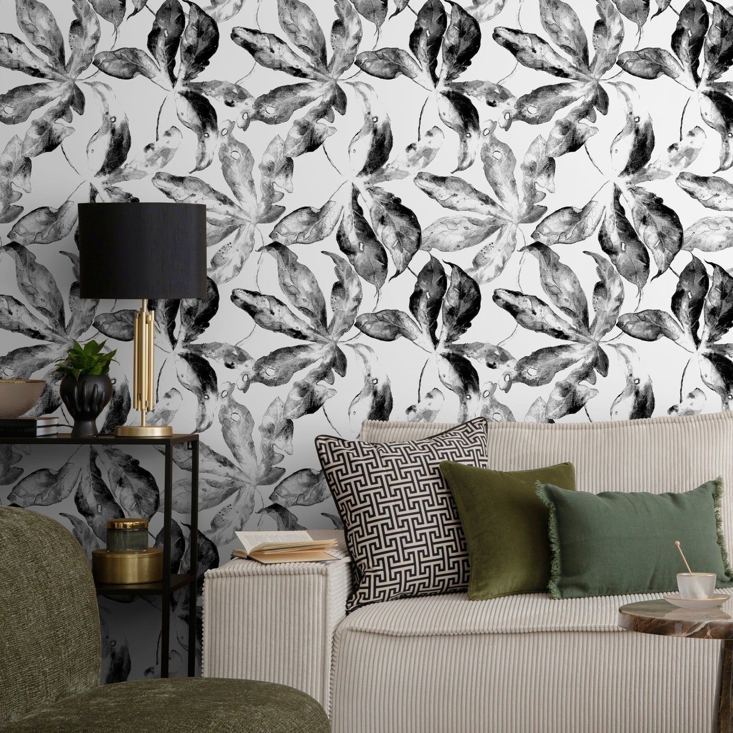 Wallpaper Peel and Stick Wallpaper Removable Wallpaper Home Decor Wall Art Wall Decor Room Decor / Black and White Leaves Wallpaper - D958 - WallTrend