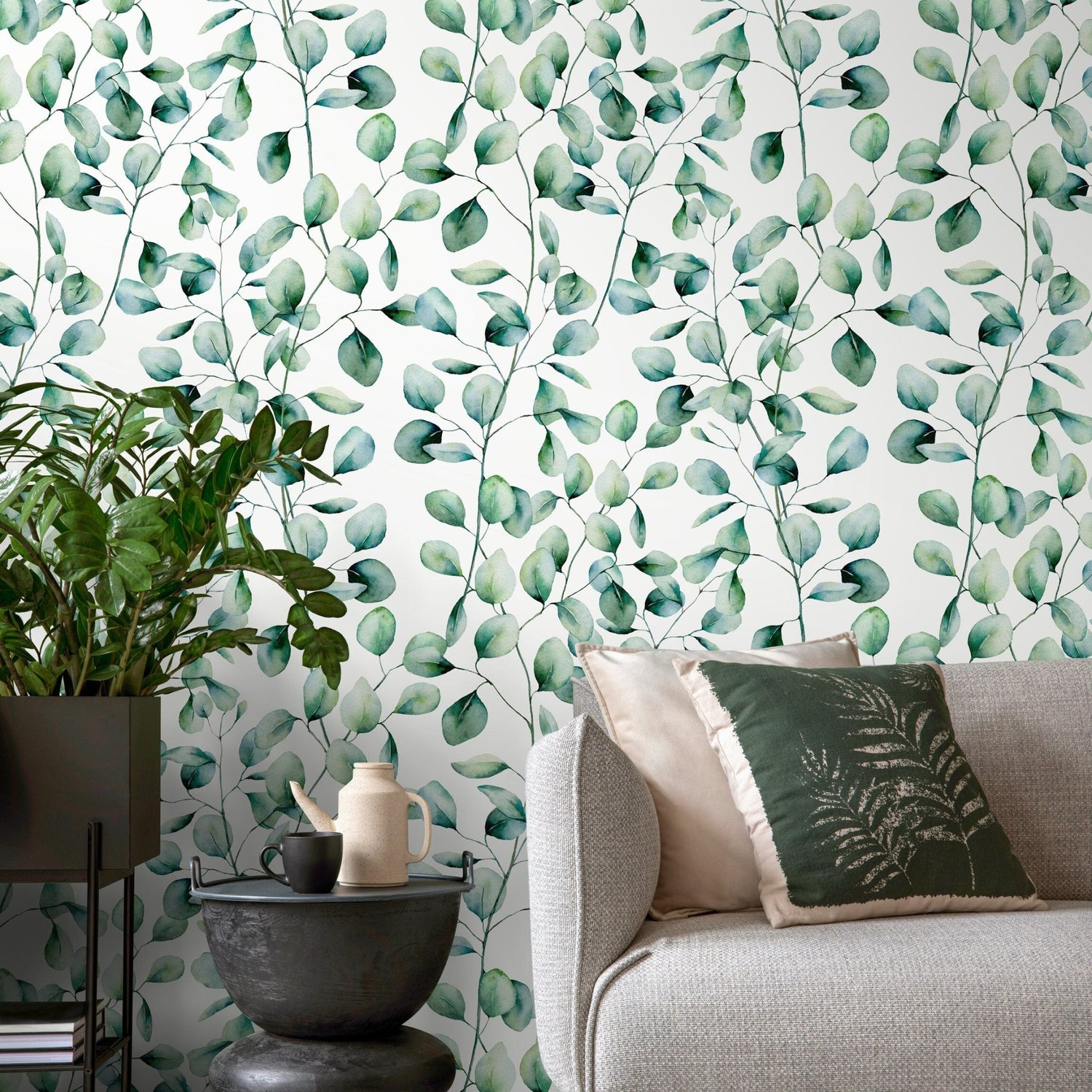 Wallpaper Peel and Stick Wallpaper Removable Wallpaper Home Decor Wall Art Wall Decor Room Decor / Green Leaves Watercolor Wallpaper - A655 - WallTrend