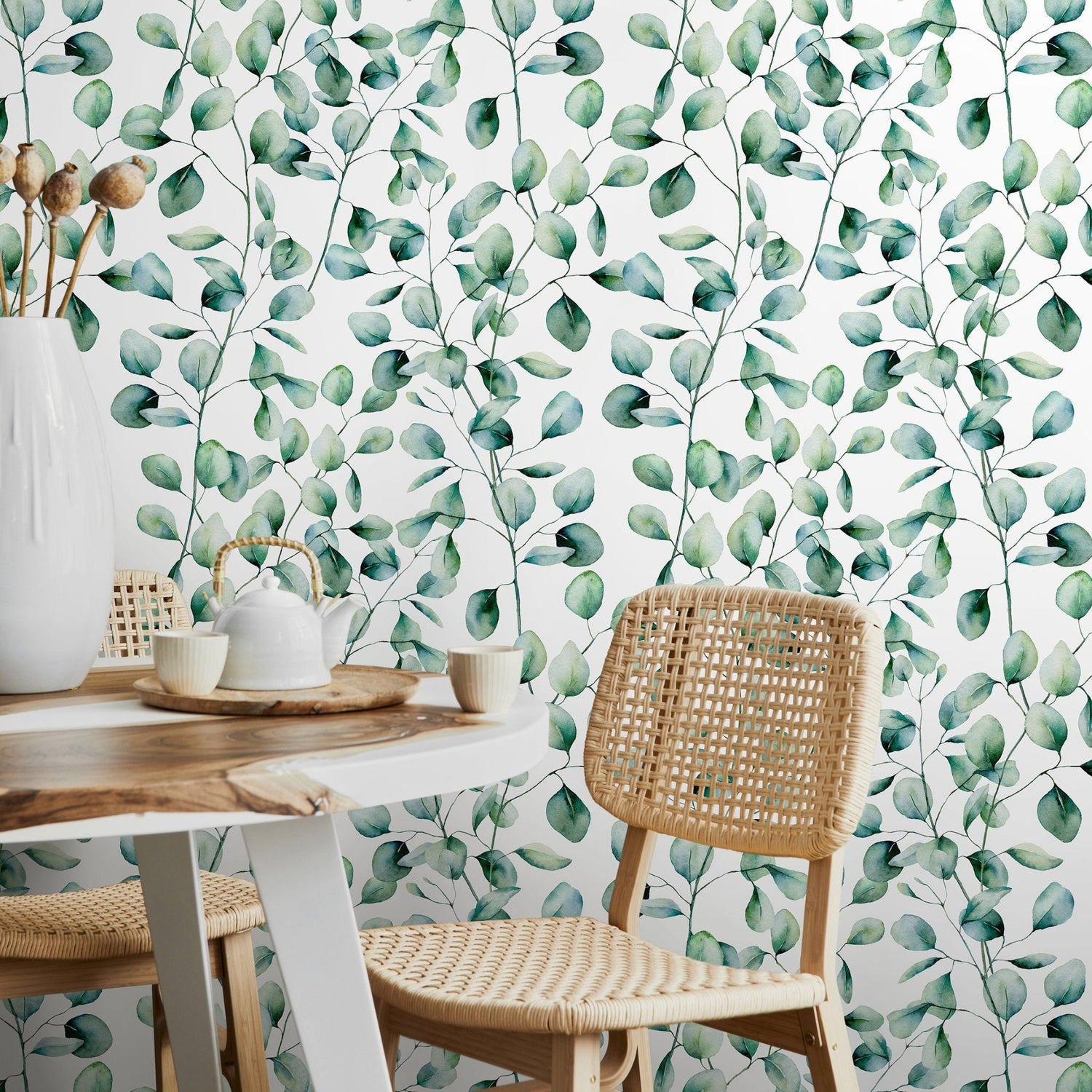 Wallpaper Peel and Stick Wallpaper Removable Wallpaper Home Decor Wall Art Wall Decor Room Decor / Green Leaves Watercolor Wallpaper - A655 - WallTrend