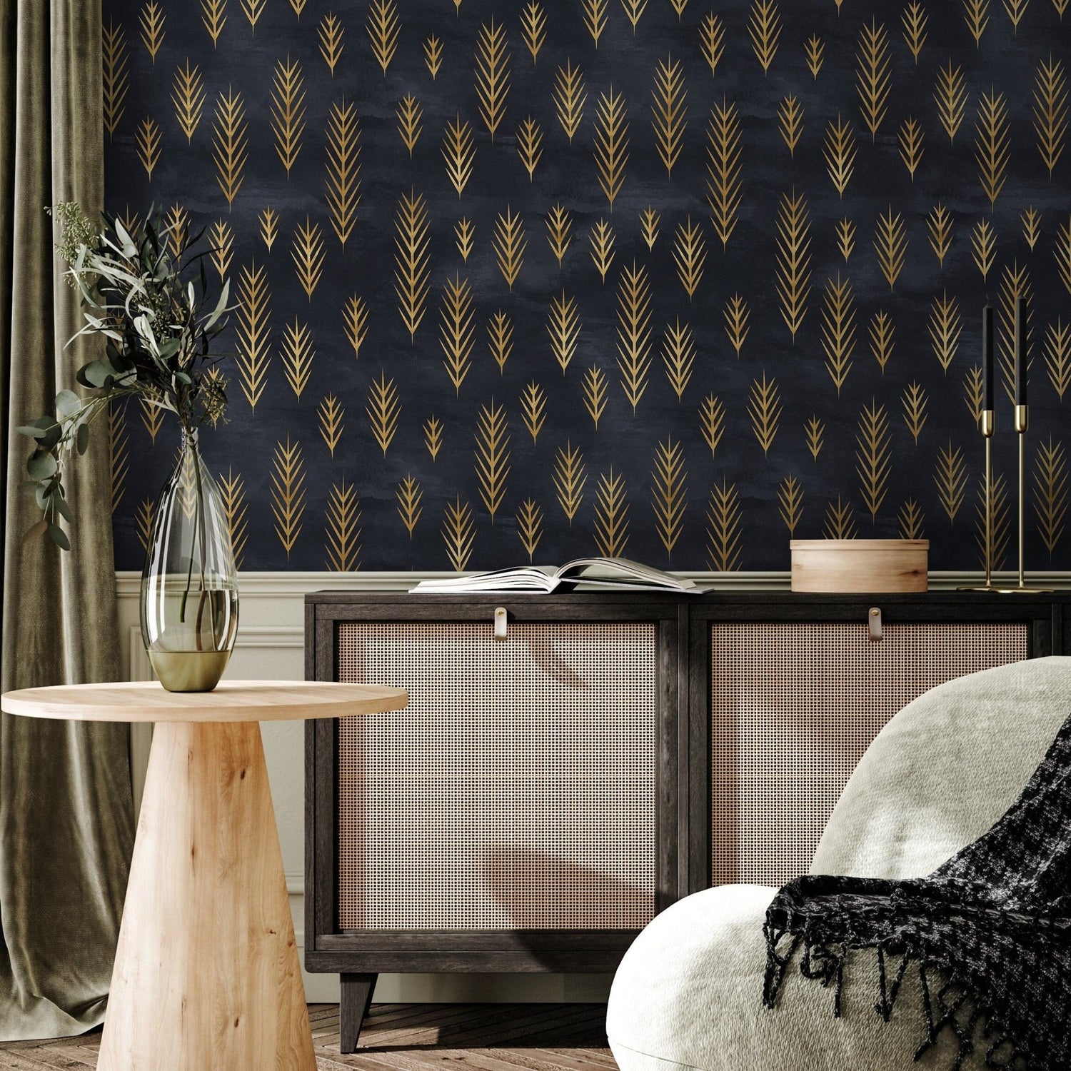 Wallpaper Peel and Stick Wallpaper Removable Wallpaper Home Decor Wall Art Wall Decor Room Decor / Navy Minimalist Leaves Wallpaper - A739 - WallTrend