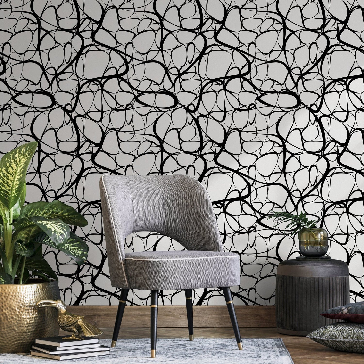 Abstract Black and White Curves Wallpaper - A042 - WallTrend