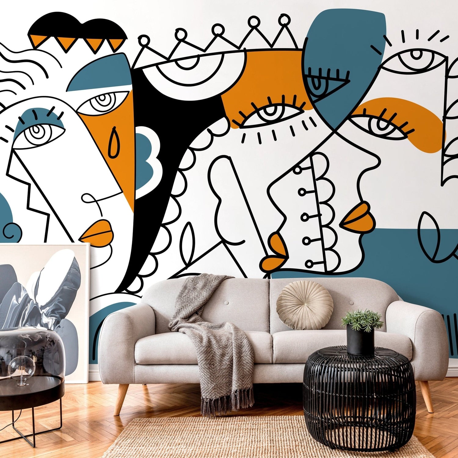 Abstract Faces Wallpaper Modern Mural Peel and Stick Wallpaper Home Decor - D565 - WallTrend