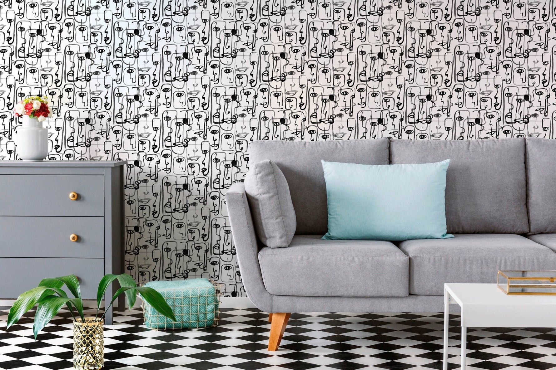 Abstract Line Art Faces Wallpaper - B651 - WallTrend