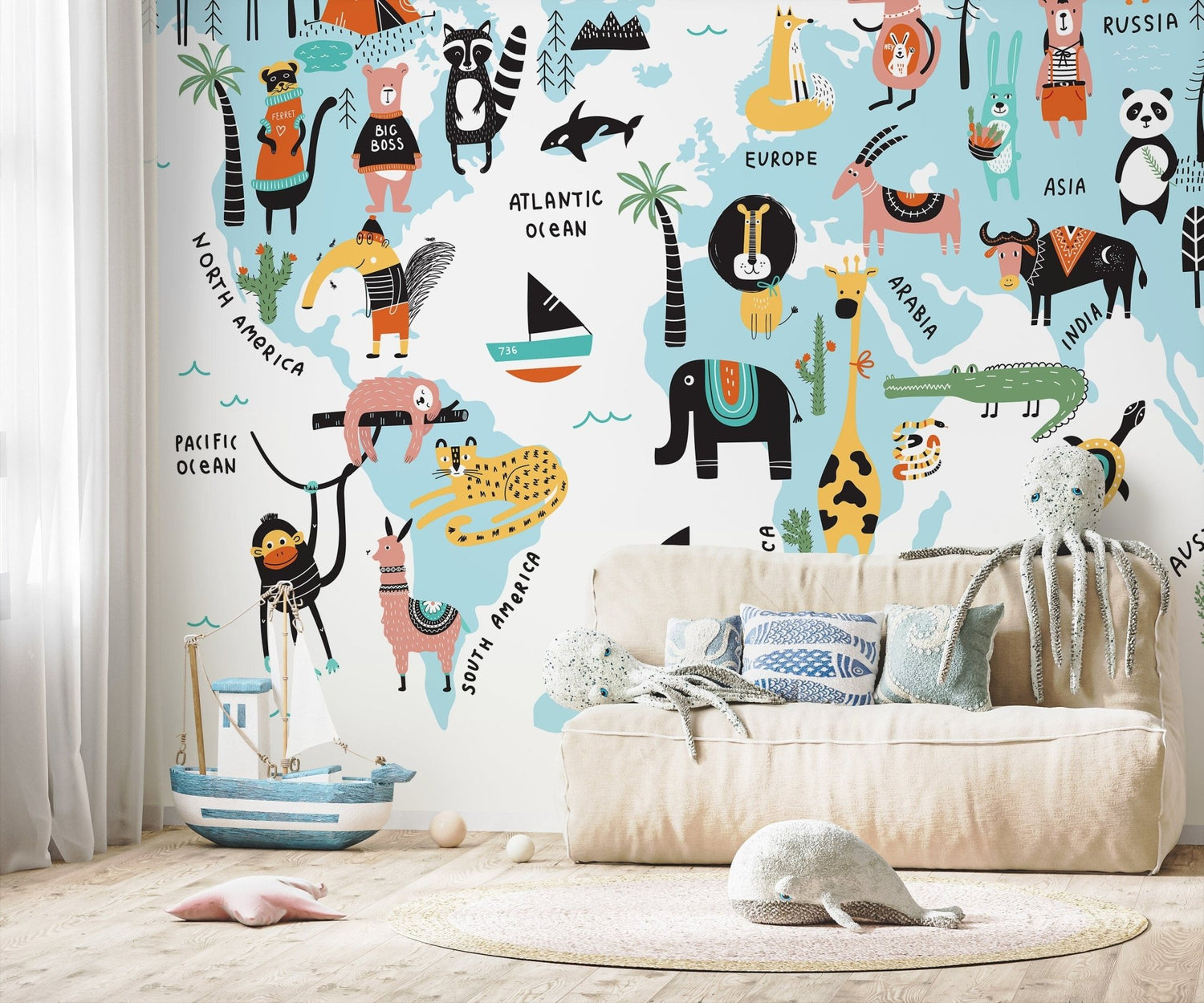 Animal World Map Wallpaper - D491 - WallTrend