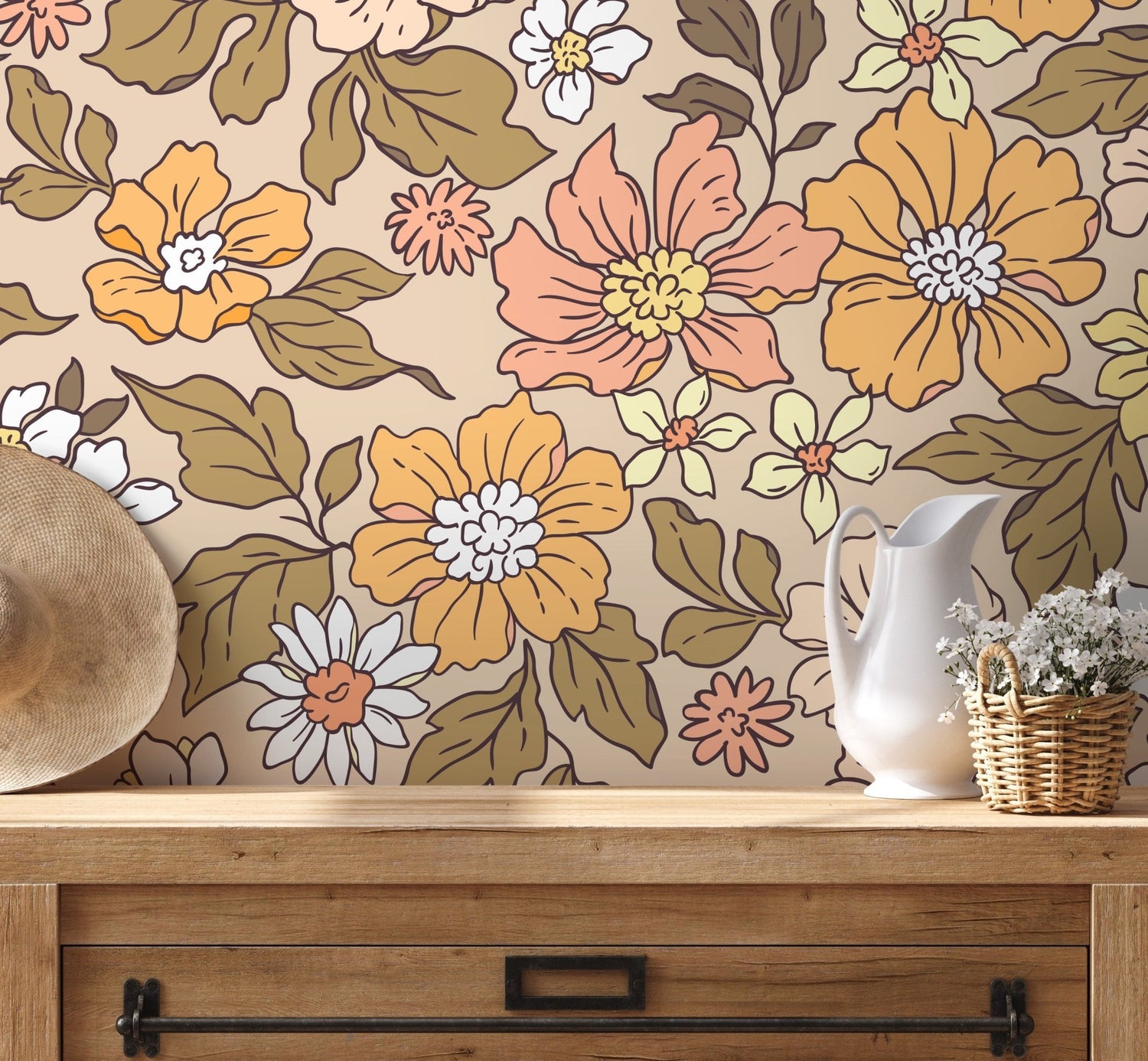 Annete Vintage Meadow Flowers Mural - Large Scale Wallpaper Floral Peel and Stick Removable Repositionable or Traditional Pre - pasted - ZACD - WallTrend