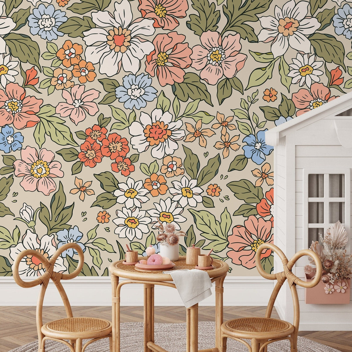 Annete Vintage Meadow Flowers Mural - Large Scale Wallpaper Floral Peel and Stick Removable Repositionable or Traditional Pre - pasted - ZACH - WallTrend