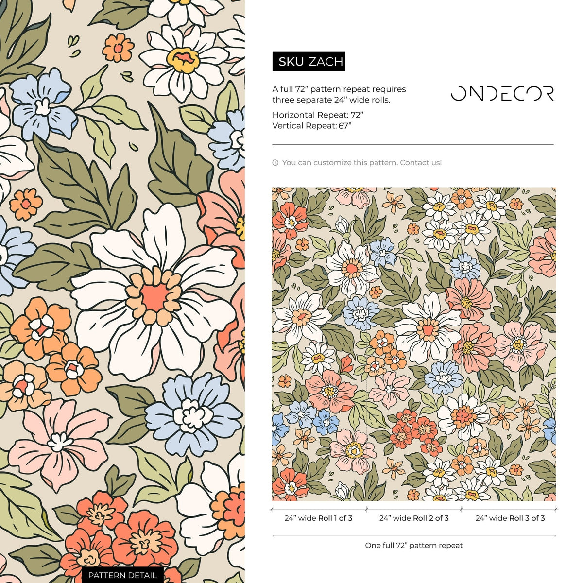 Annete Vintage Meadow Flowers Mural - Large Scale Wallpaper Floral Peel and Stick Removable Repositionable or Traditional Pre - pasted - ZACH - WallTrend