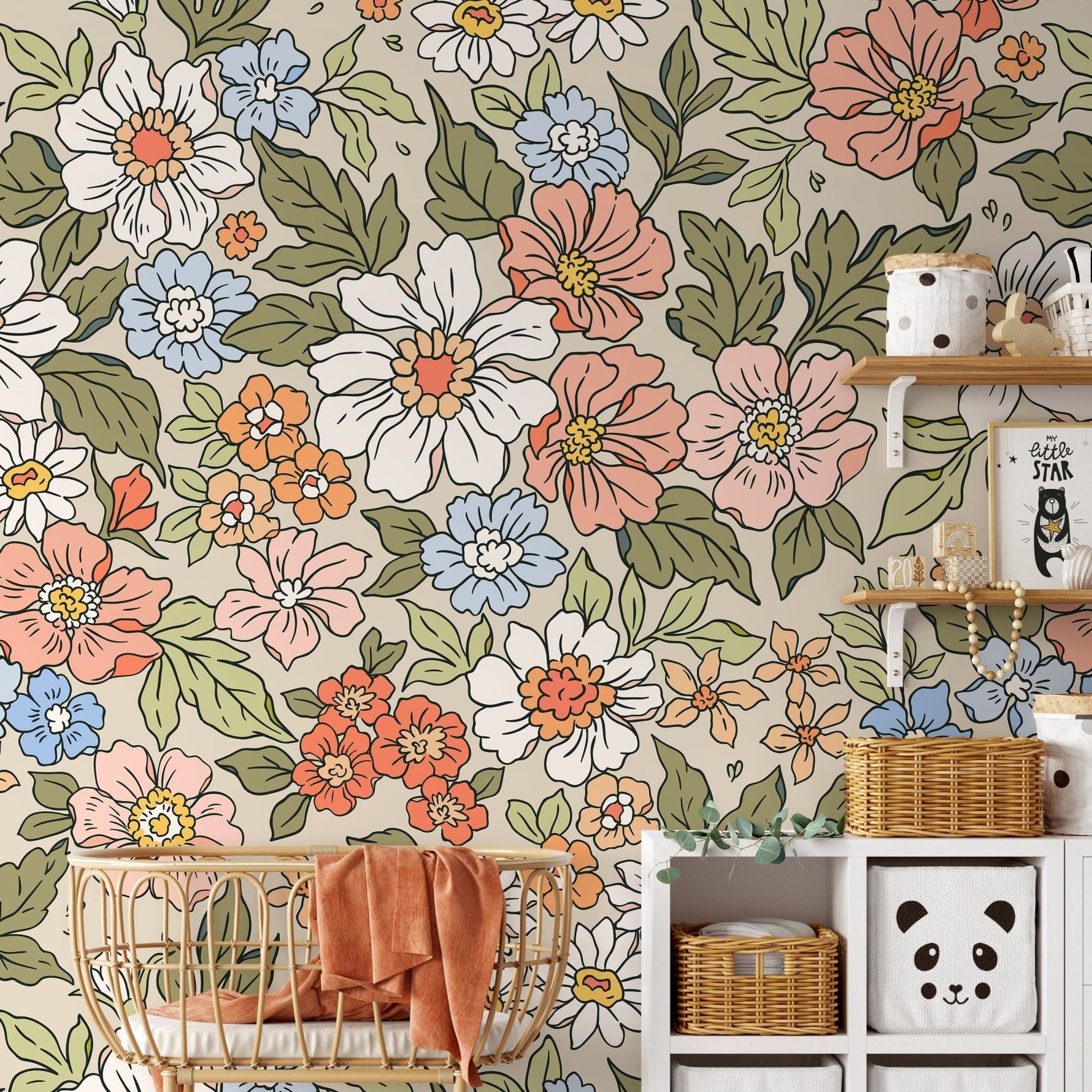 Annete Vintage Meadow Flowers Mural - Large Scale Wallpaper Floral Peel and Stick Removable Repositionable or Traditional Pre - pasted - ZACH - WallTrend