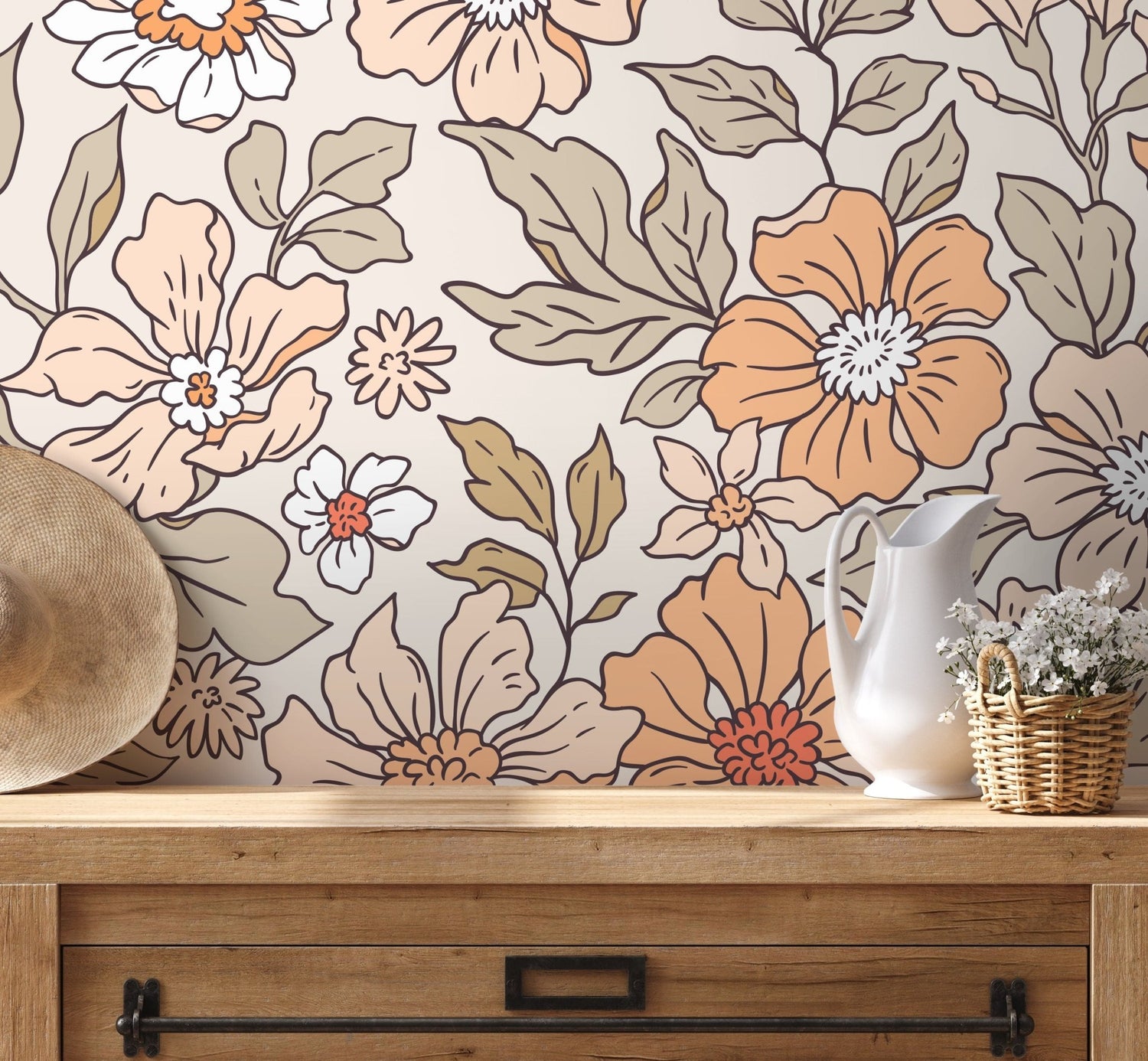 Annete Vintage Meadow Flowers Mural - Large Scale Wallpaper Floral Peel and Stick Removable Repositionable or Traditional Pre - pasted - ZACV - WallTrend