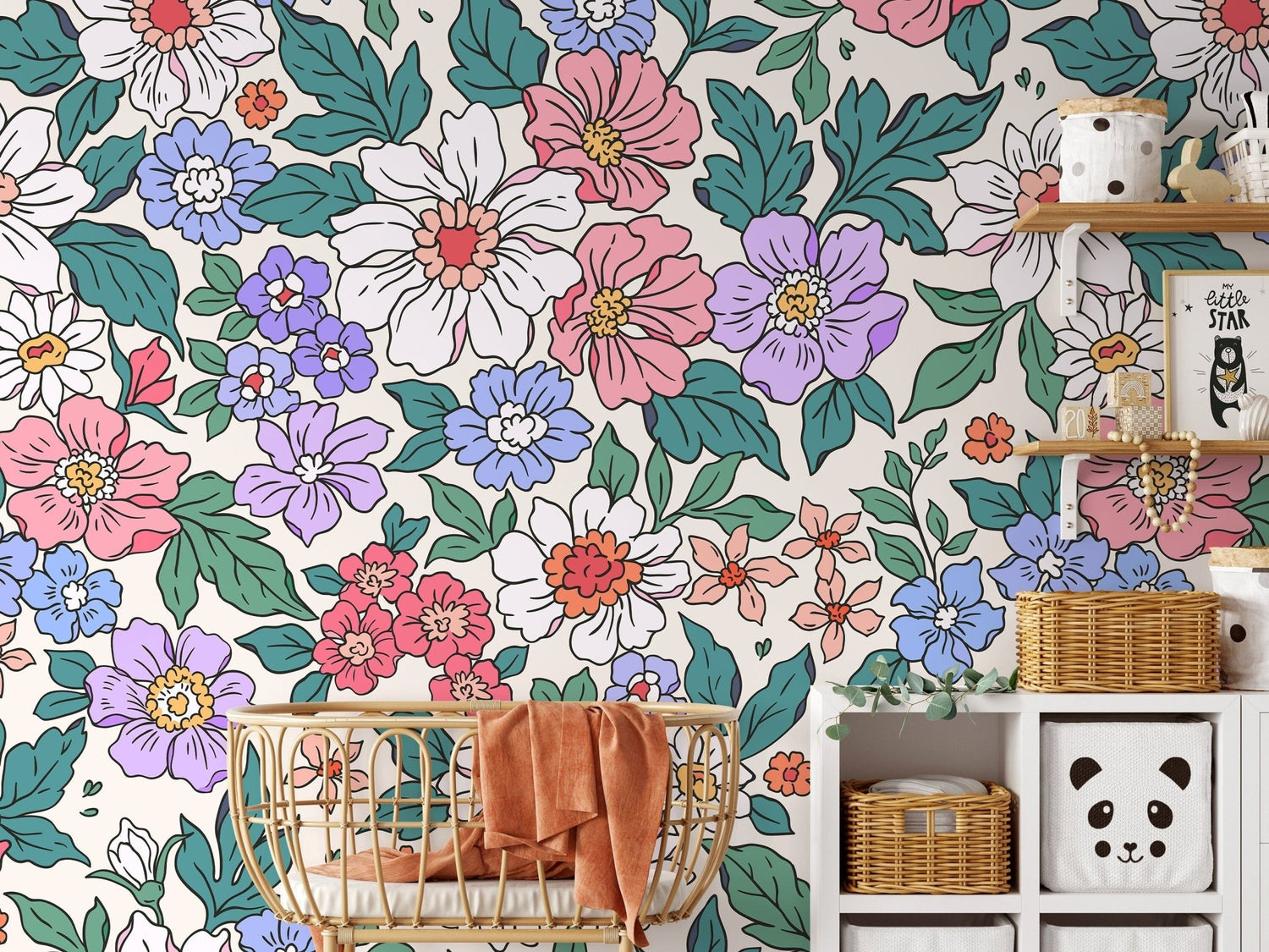 Annete Vintage Meadow Flowers Mural Large Scale Wallpaper Floral Peel and Stick Removable Repositionable or Traditional Pre - pasted - ZADV - WallTrend