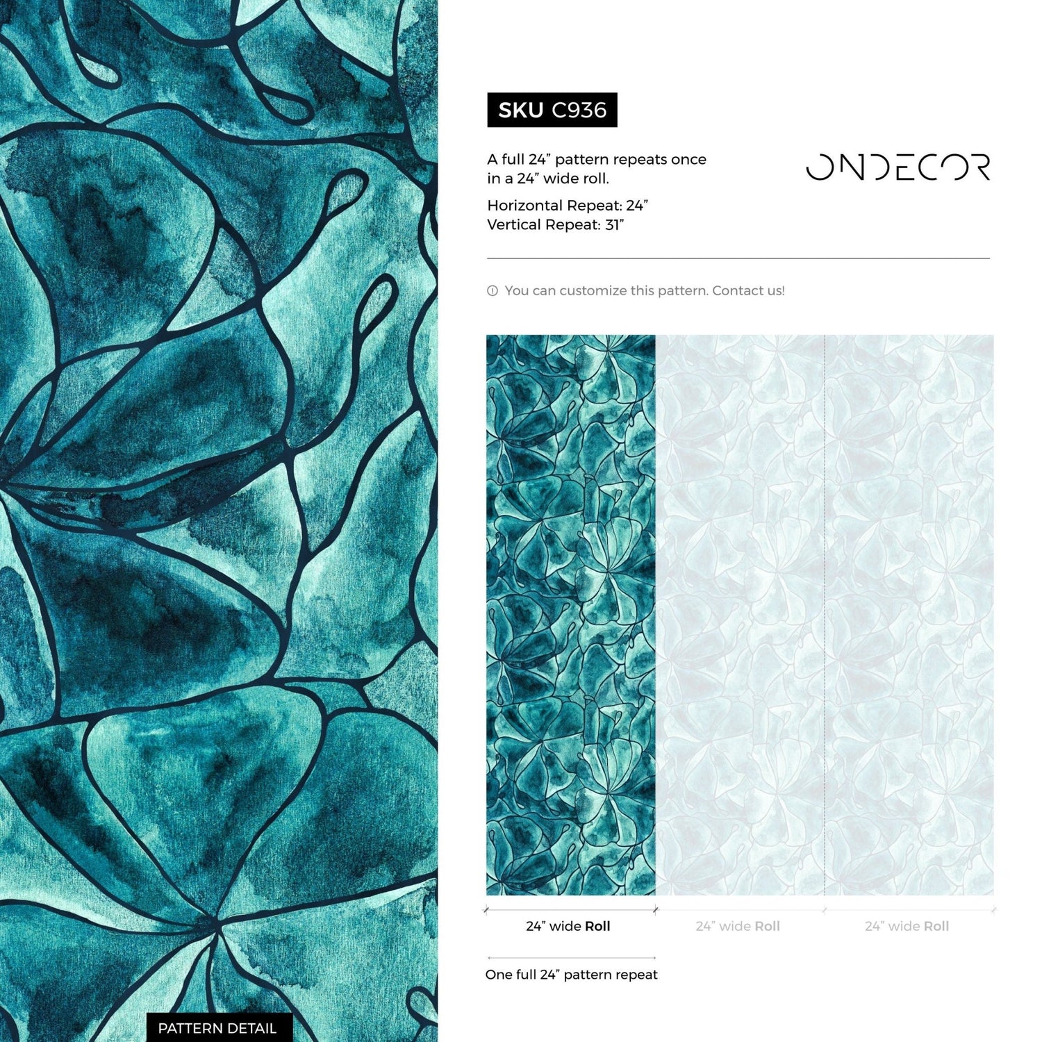 Aqua Floral Sketch Wallpaper - C936 - WallTrend