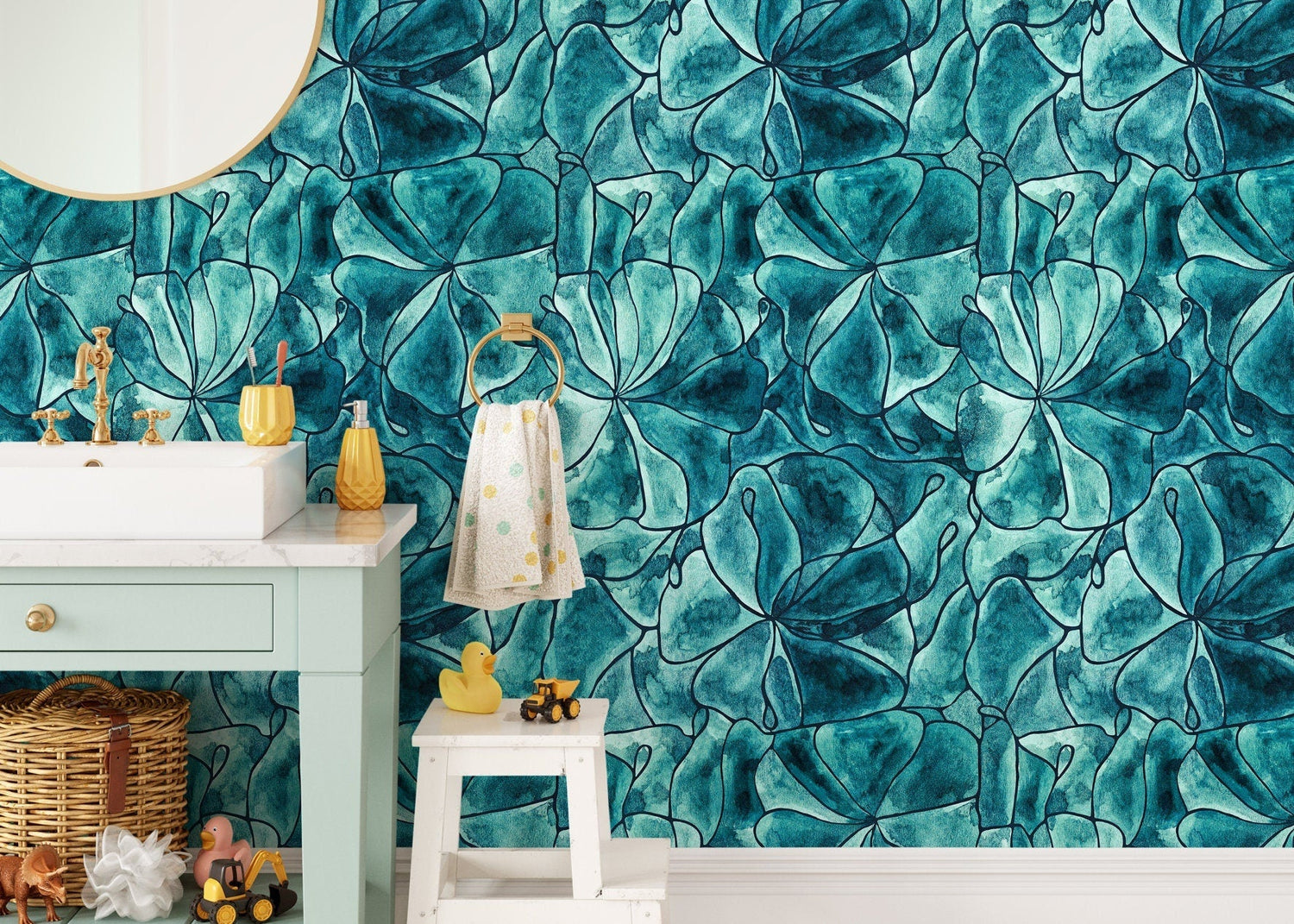 Aqua Floral Sketch Wallpaper - C936 - WallTrend