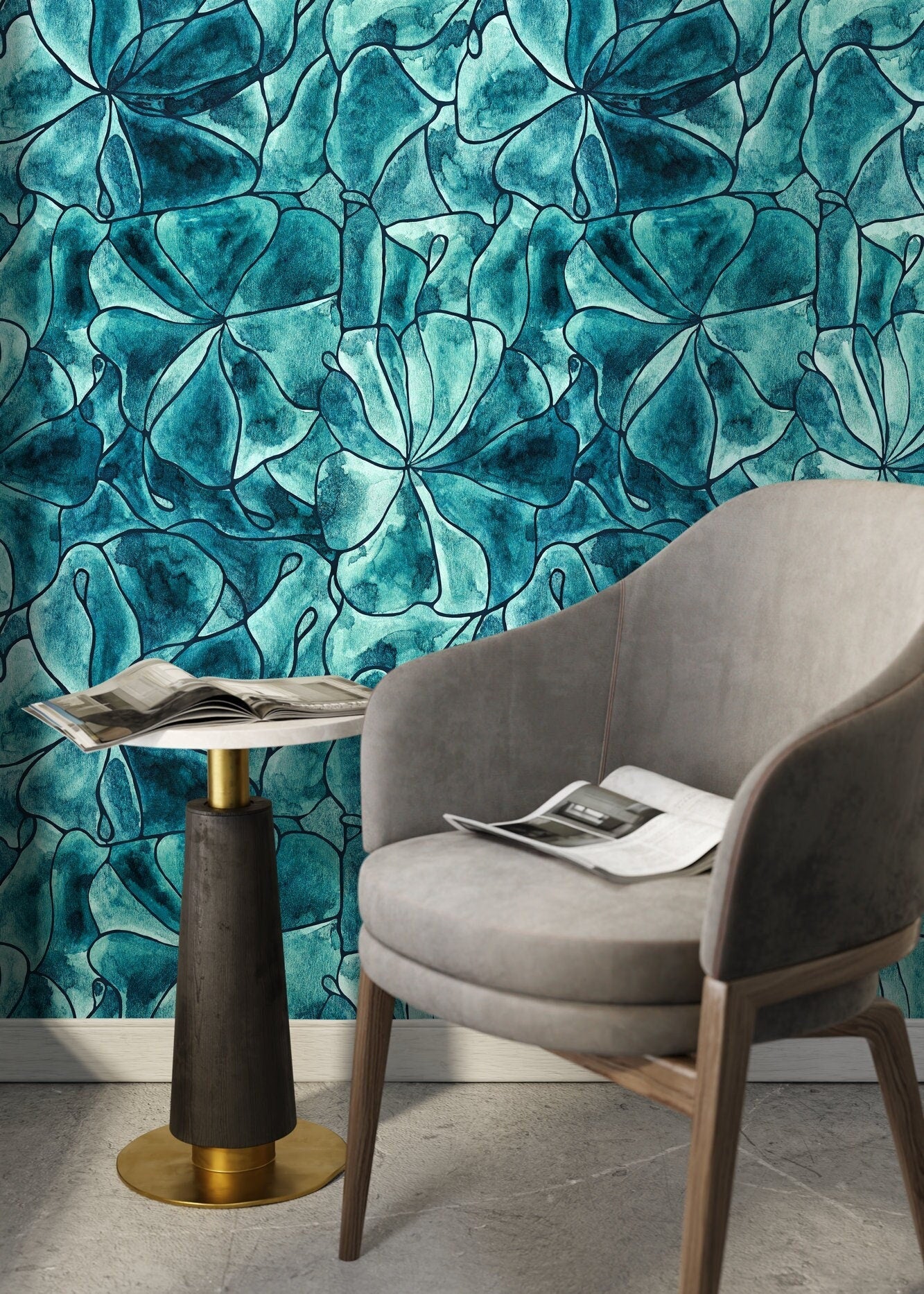 Aqua Floral Sketch Wallpaper - C936 - WallTrend