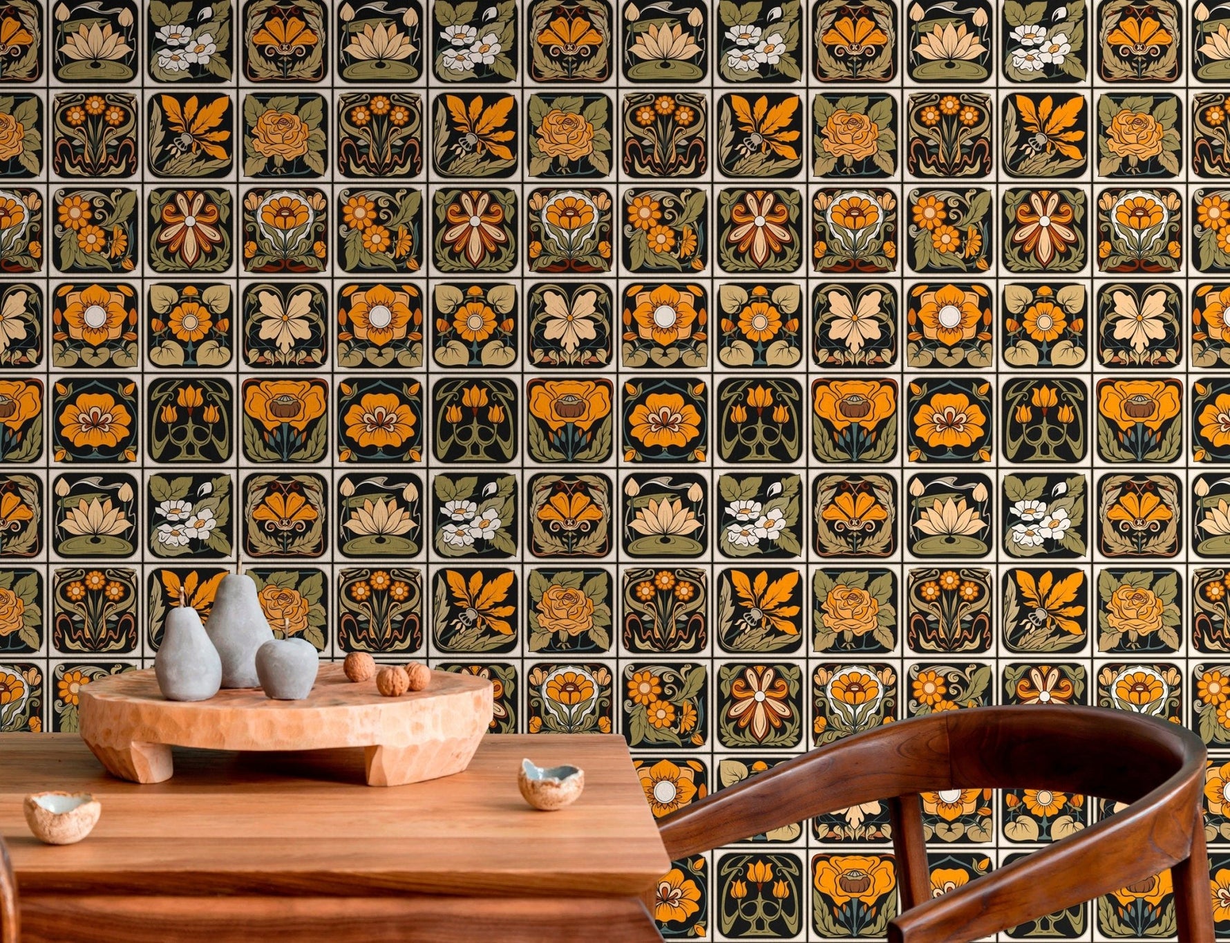 Art Nouveau Floral Tiles Wallpaper - C215 - WallTrend