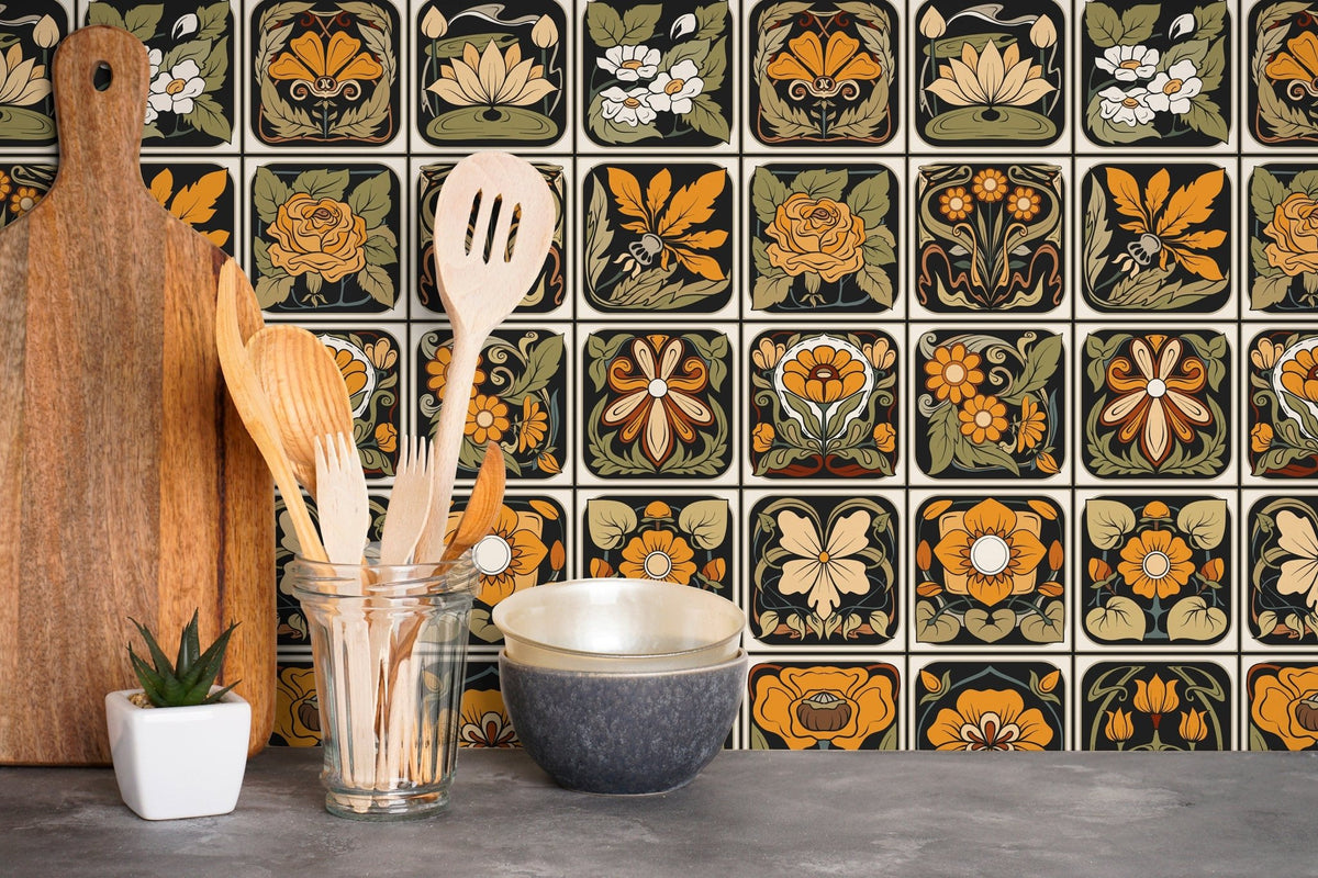 Art Nouveau Floral Tiles Wallpaper - C215 - WallTrend