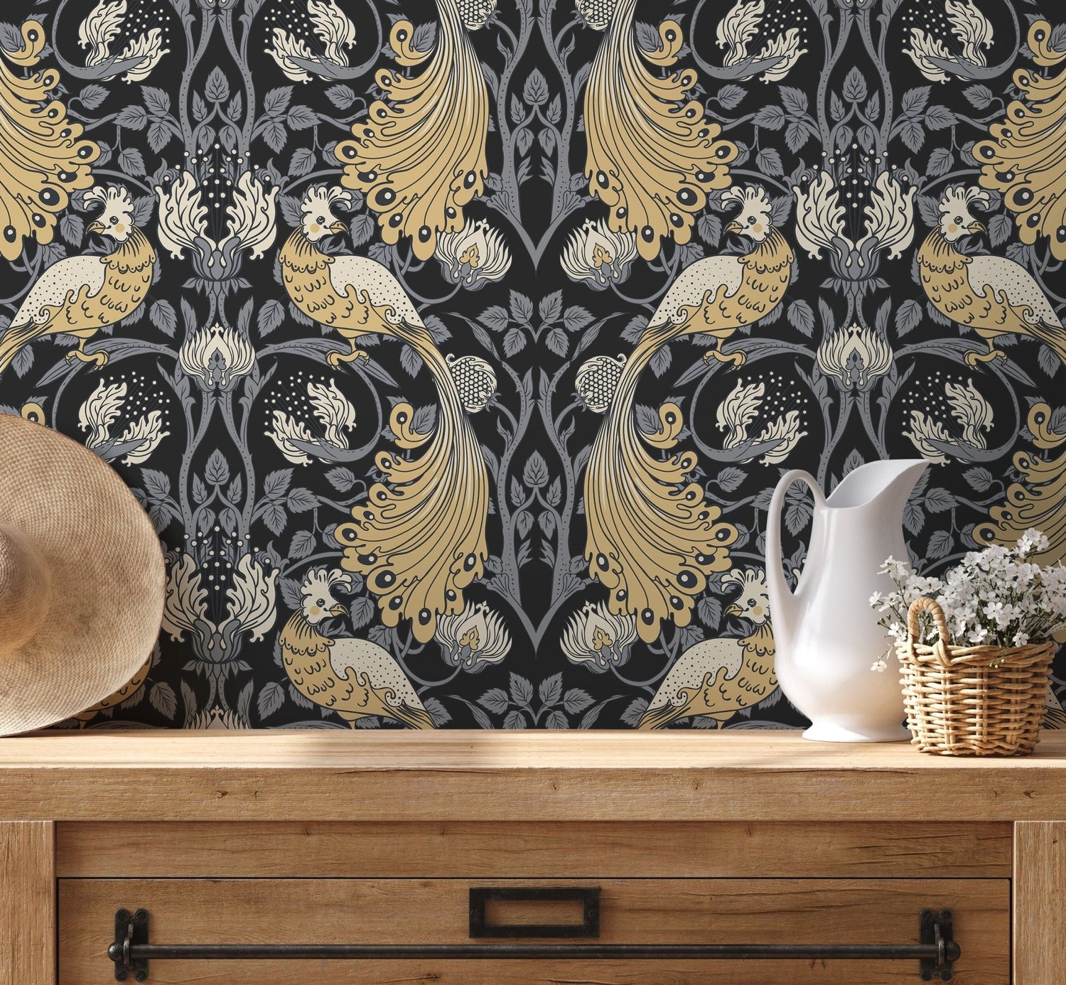 Art Nouveau Peacock Wallpaper - D500 - WallTrend