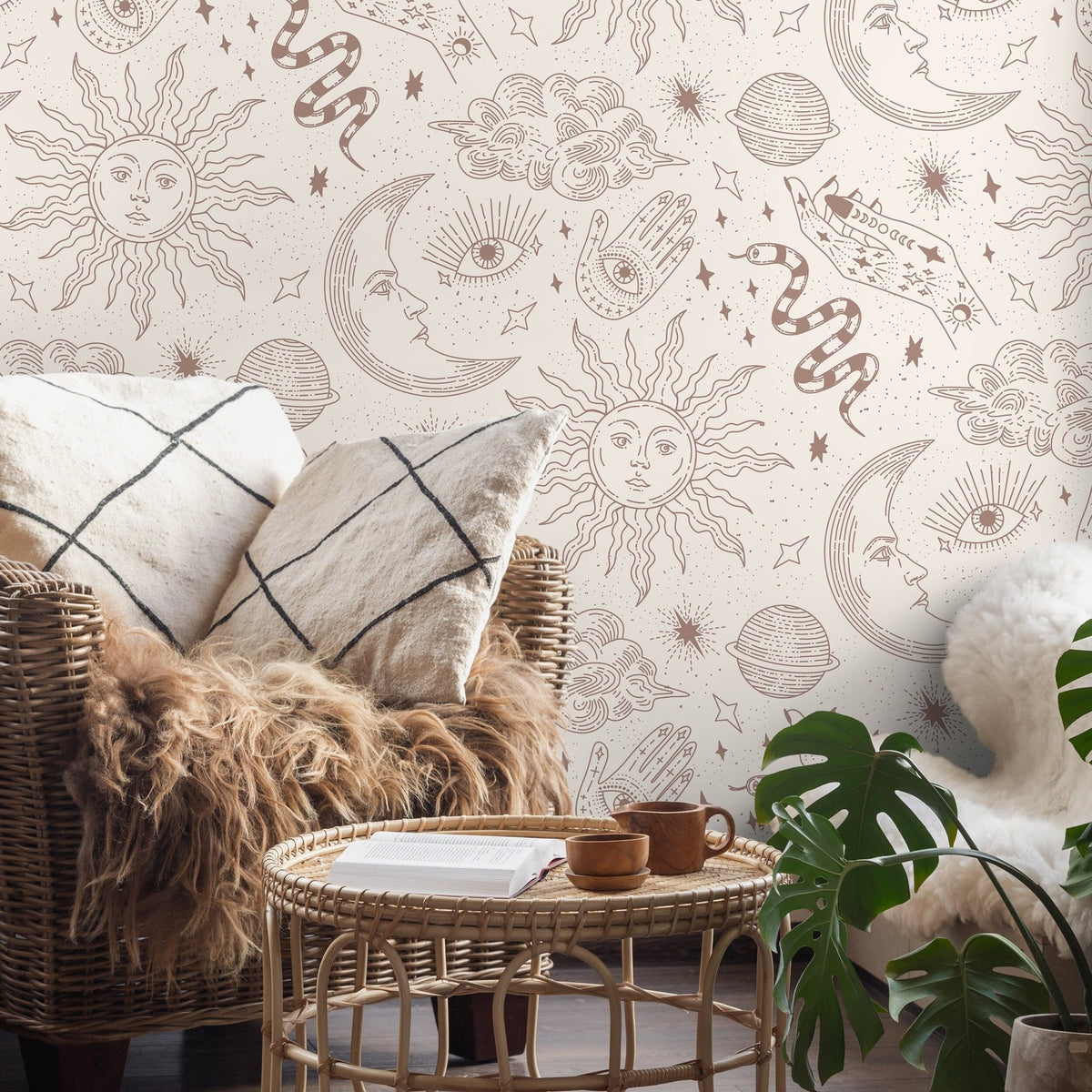 Astral Pray Wallpaper Removable Peel and Stick, Modern Beige Boho Hands Sun Moon Print Repositionable Peel and Stick Wallpaper - ZABL - WallTrend