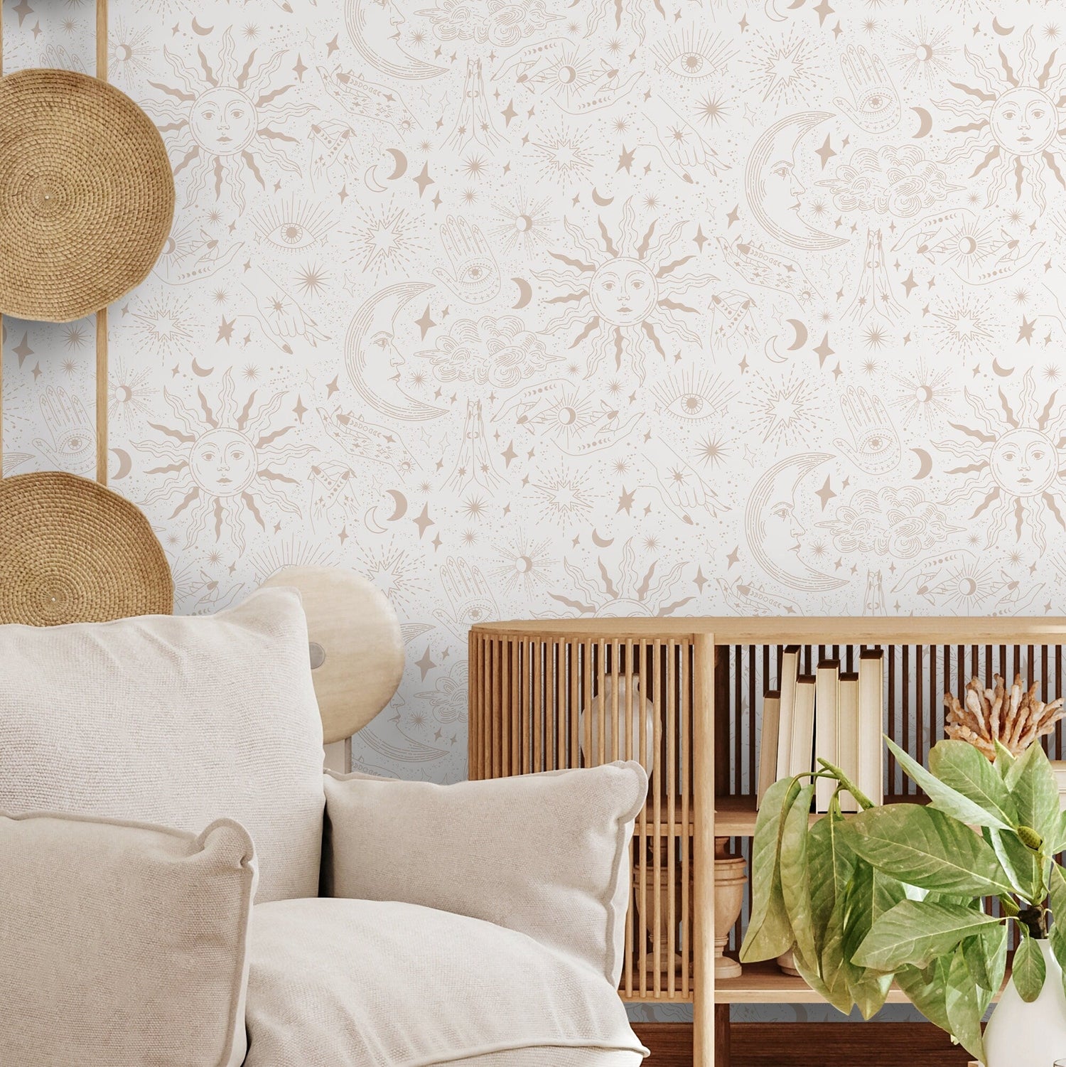 Astral Pray Wallpaper Removable Peel and Stick, Modern Neutral Boho Hands Sun Moon Print Repositionable Peel and Stick Wallpaper - ZABK - WallTrend