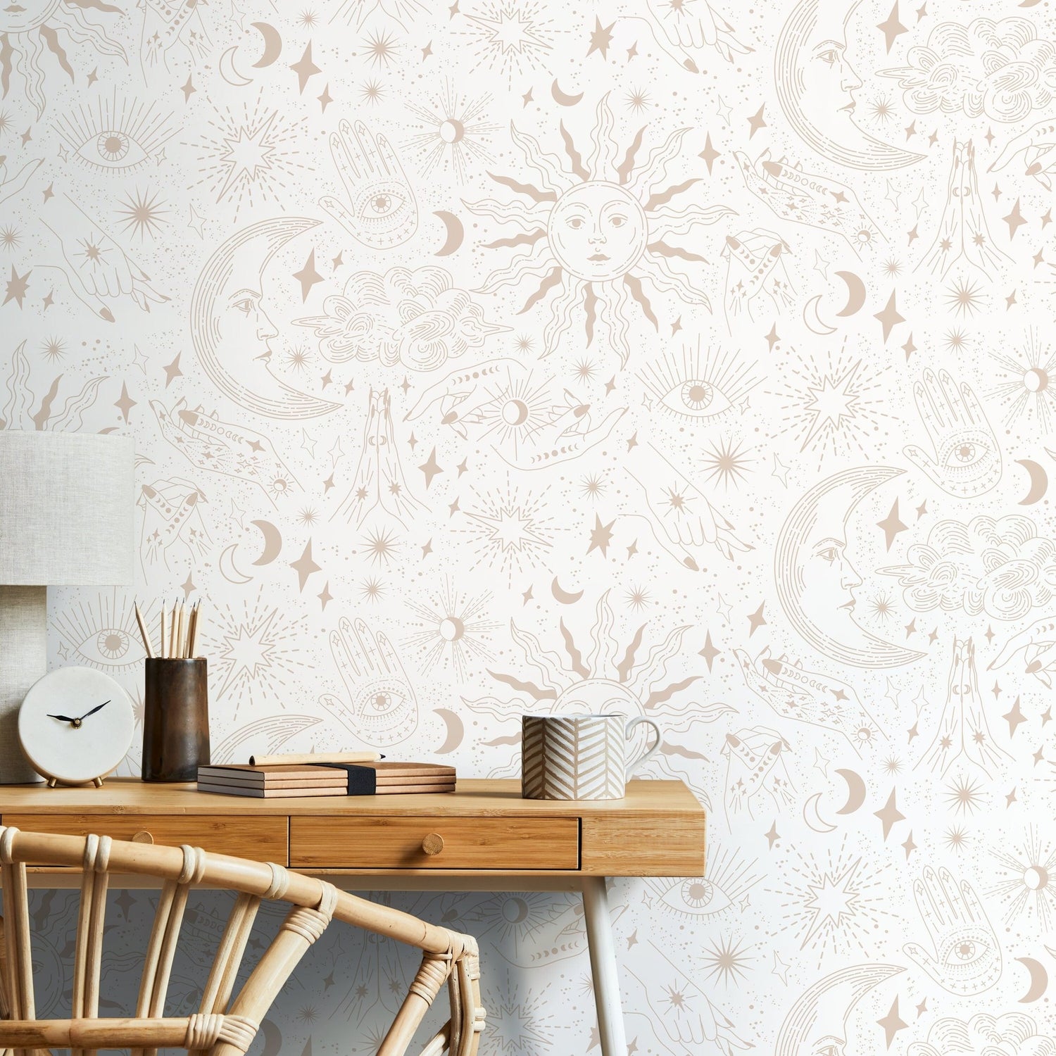 Astral Pray Wallpaper Removable Peel and Stick, Modern Neutral Boho Hands Sun Moon Print Repositionable Peel and Stick Wallpaper - ZABK - WallTrend