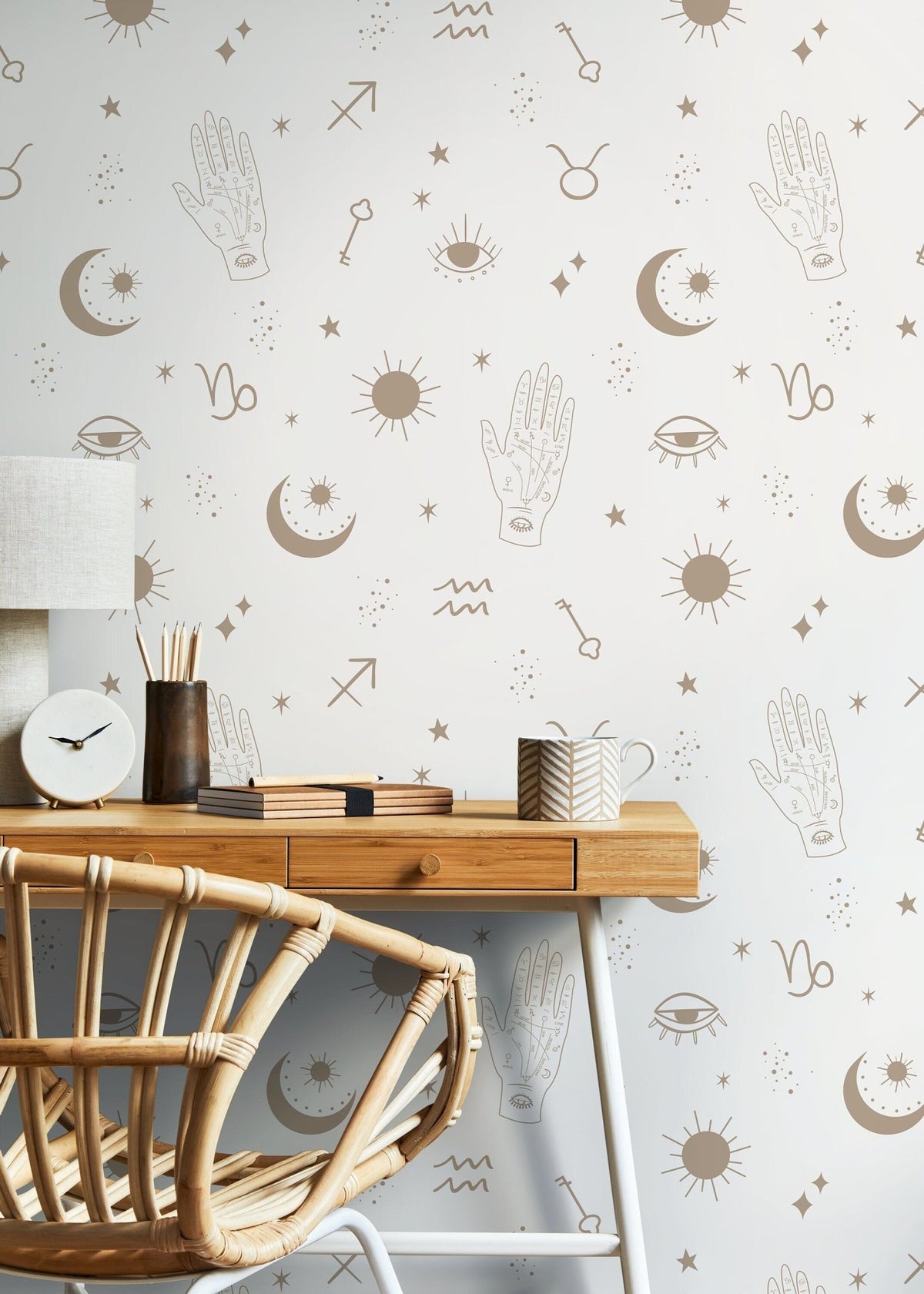 Astral Pray Wallpaper Removable Peel and Stick Wallpaper, Modern Beige Boho Hands Sun Moon Print Repositionable Peel and Stick - ZABH - WallTrend