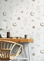 Astral Pray Wallpaper Removable Peel and Stick Wallpaper, Modern Beige Boho Hands Sun Moon Print Repositionable Peel and Stick - ZABH - WallTrend