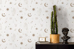 Astral Pray Wallpaper Removable Peel and Stick Wallpaper, Modern Beige Boho Hands Sun Moon Print Repositionable Peel and Stick - ZABH - WallTrend