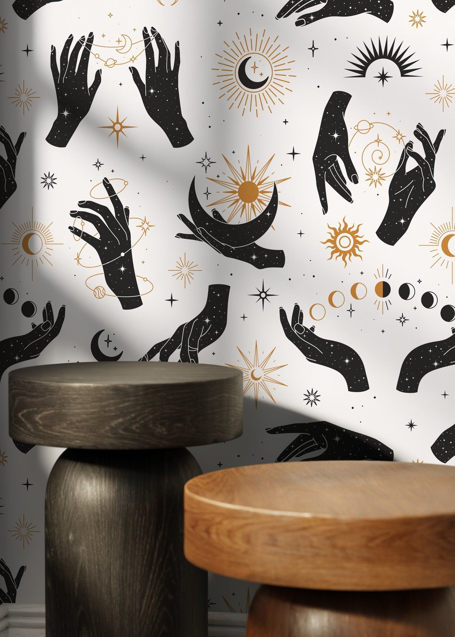 Astral Pray Wallpaper Removable Peel and Stick Wallpaper, Modern Boho Hands Sun Moon Print Repositionable Peel and Stick Wallpaper - ZABF - WallTrend