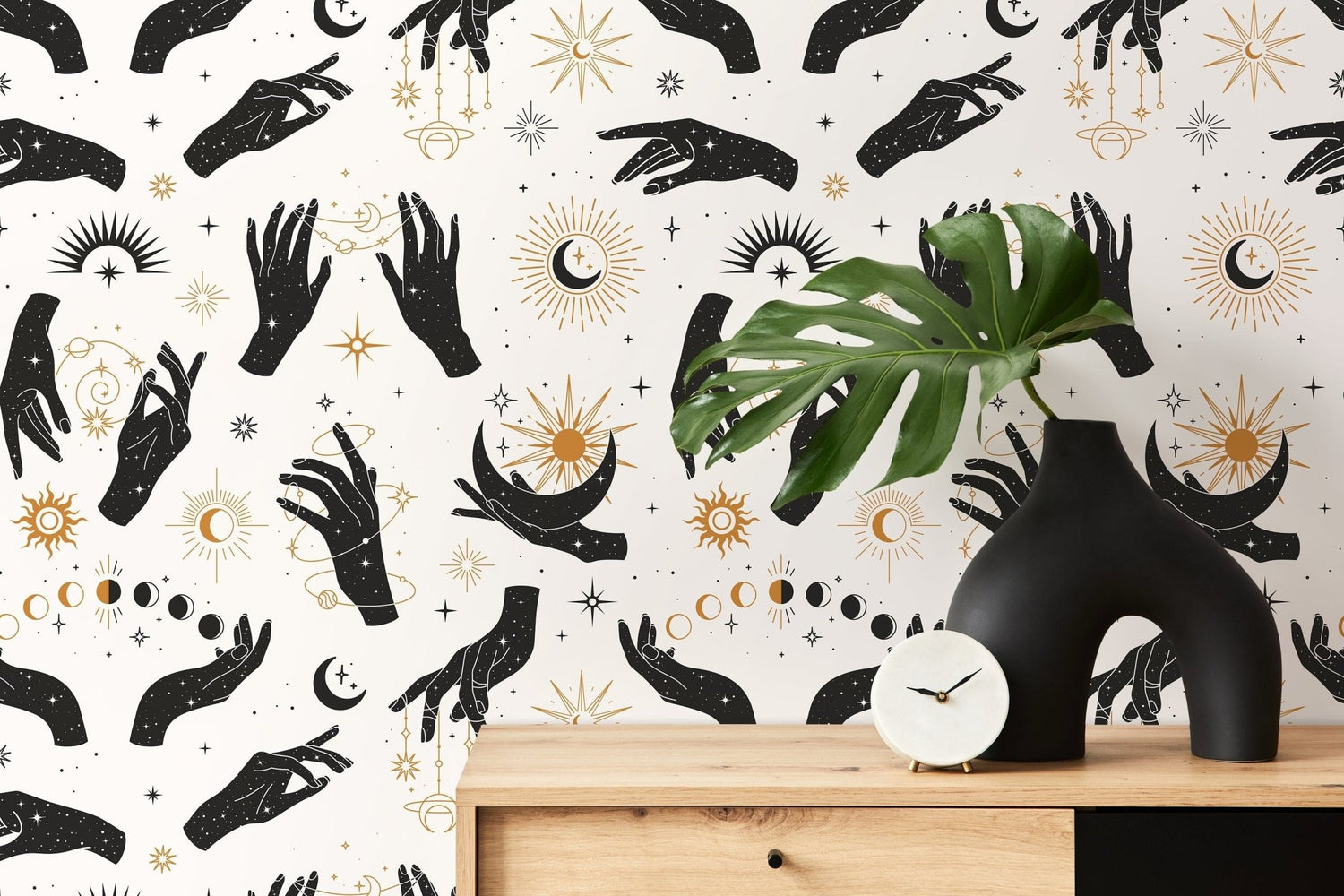 Astral Pray Wallpaper Removable Peel and Stick Wallpaper, Modern Boho Hands Sun Moon Print Repositionable Peel and Stick Wallpaper - ZABF - WallTrend