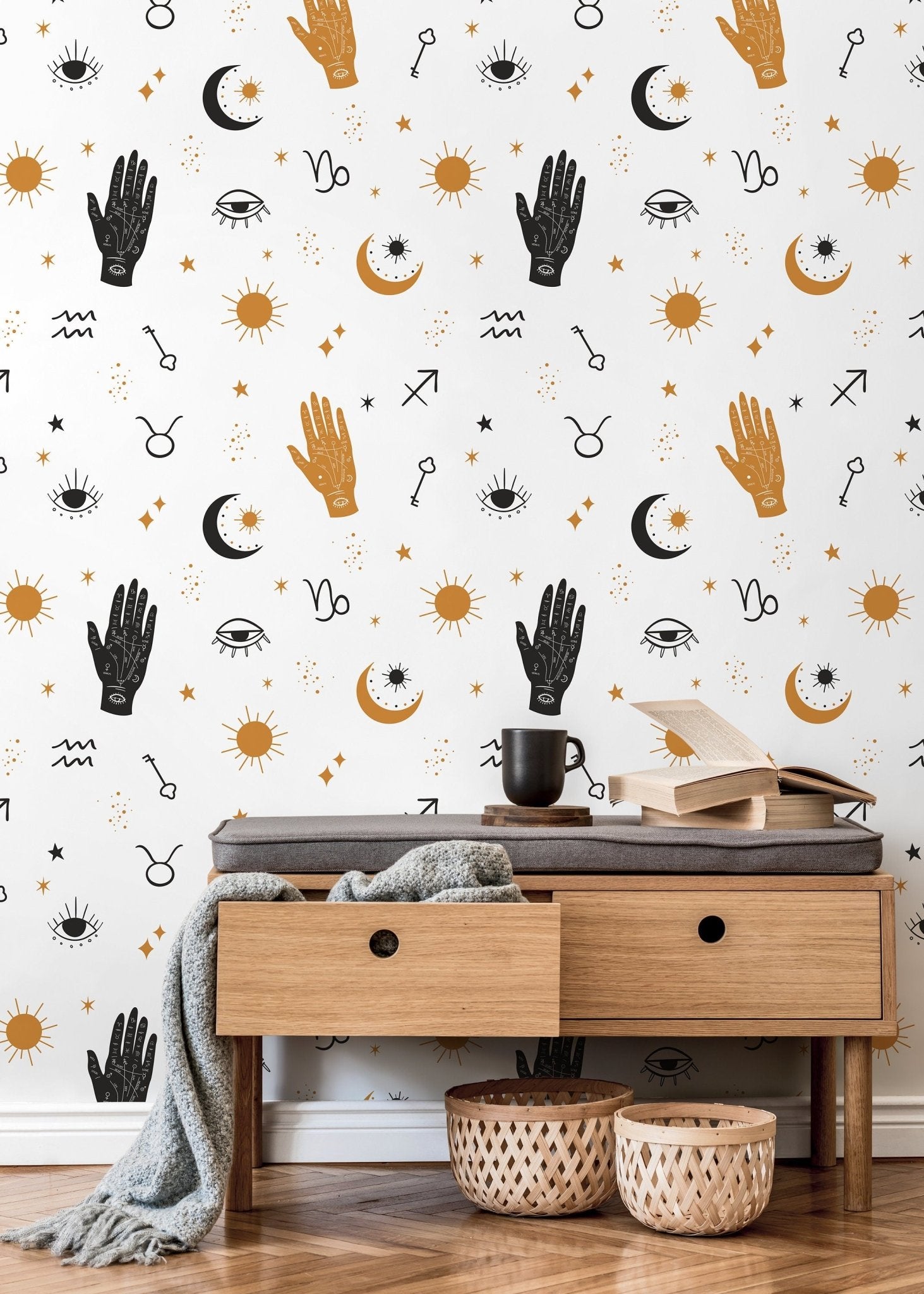 Astral Pray Wallpaper Removable Peel and Stick Wallpaper, Modern Boho Hands Sun Moon Print Repositionable Peel and Stick Wallpaper - ZABI - WallTrend