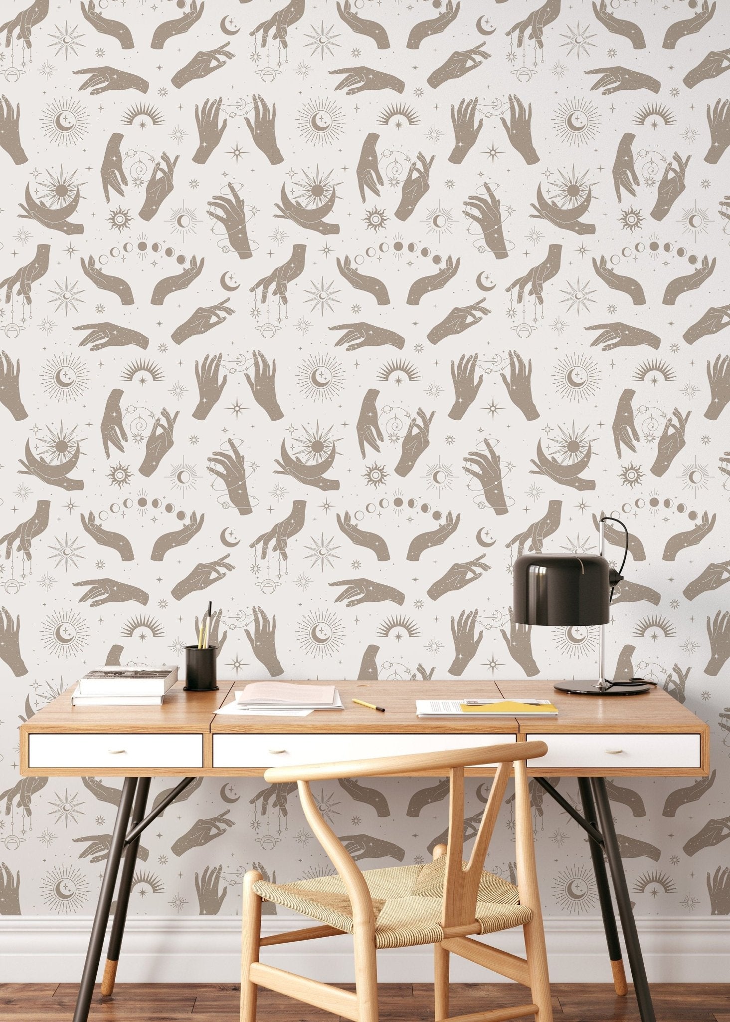 Astral Pray Wallpaper Removable Peel and Stick Wallpaper, Modern Neutral Boho Hands Sun Moon Print Peel and Stick Wallpaper - ZABG - WallTrend