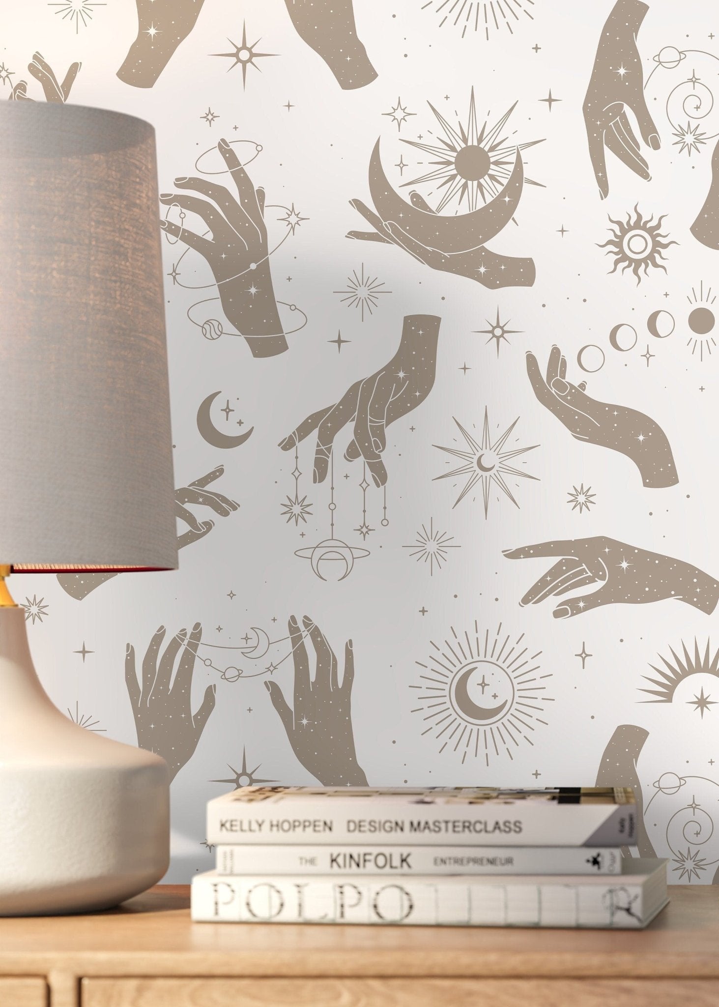 Astral Pray Wallpaper Removable Peel and Stick Wallpaper, Modern Neutral Boho Hands Sun Moon Print Peel and Stick Wallpaper - ZABG - WallTrend