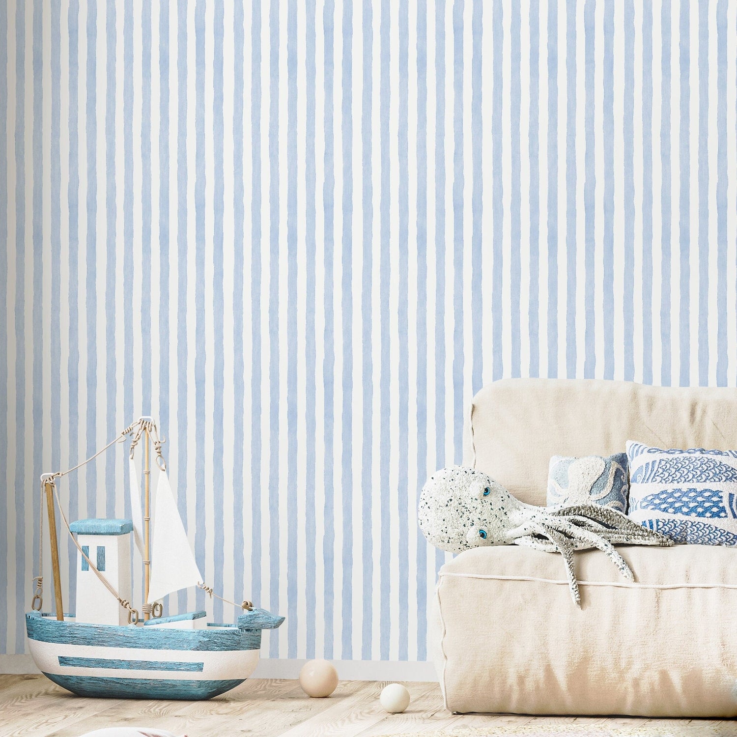 Baby Blue Striped Wallpaper Watercolor Wallpaper Peel and Stick and Traditional Wallpaper - D858 - WallTrend