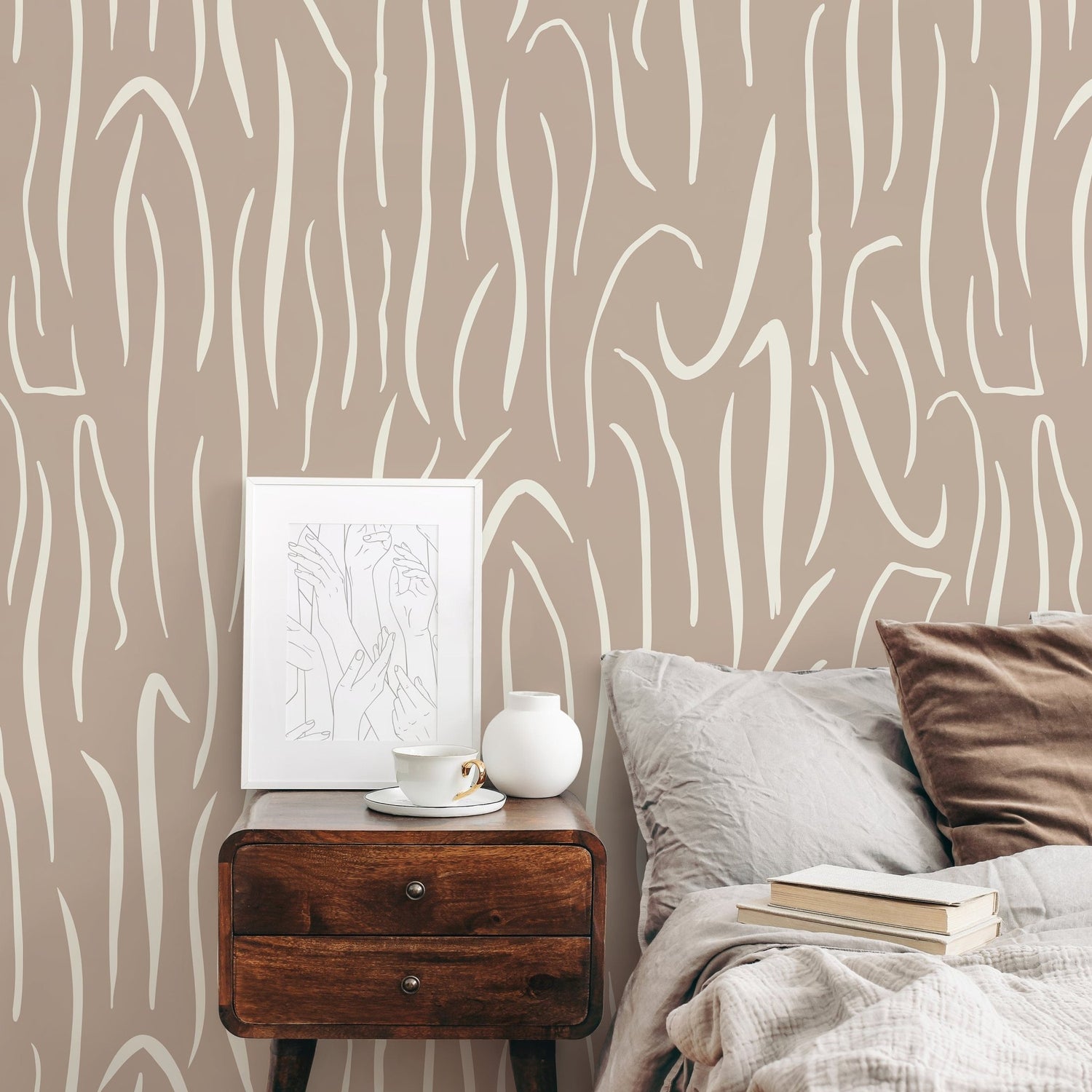 Beige Abstract Leaf Wallpaper Boho Wallpaper Peel and Stick and Traditional Wallpaper - D617 - WallTrend